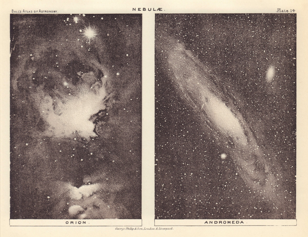 Associate Product Nebulae - Orion & Andromeda - by Robert Ball. Astronomy 1892 old antique print