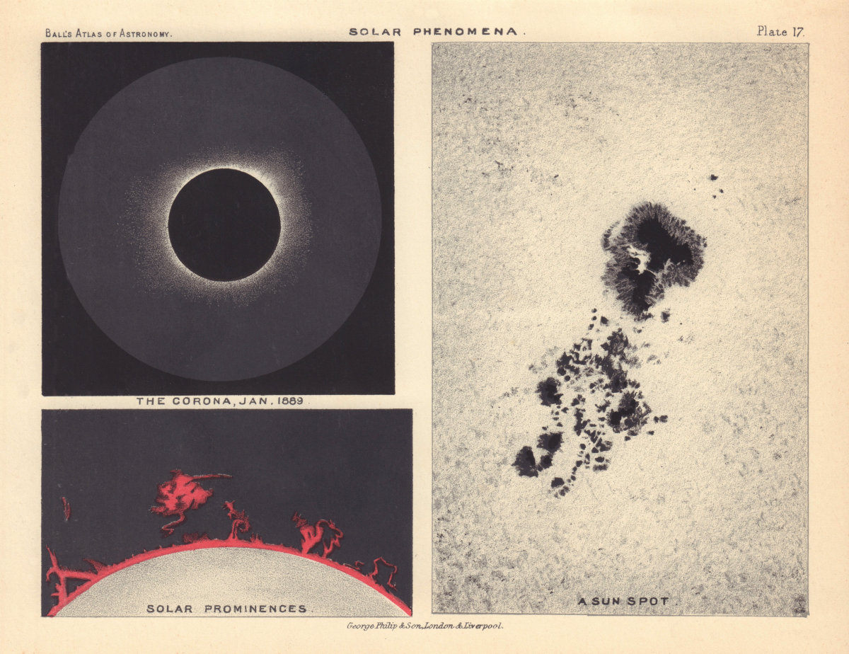 Associate Product Solar Phenomena Sun spot Prominences Corona 1889. By Robert Ball. Astronomy 1892
