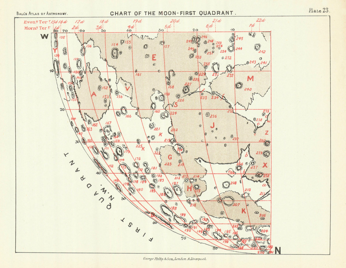 Associate Product Chart of the Moon 1st Quadrant - North West - by Robert Ball. Astronomy 1892 map