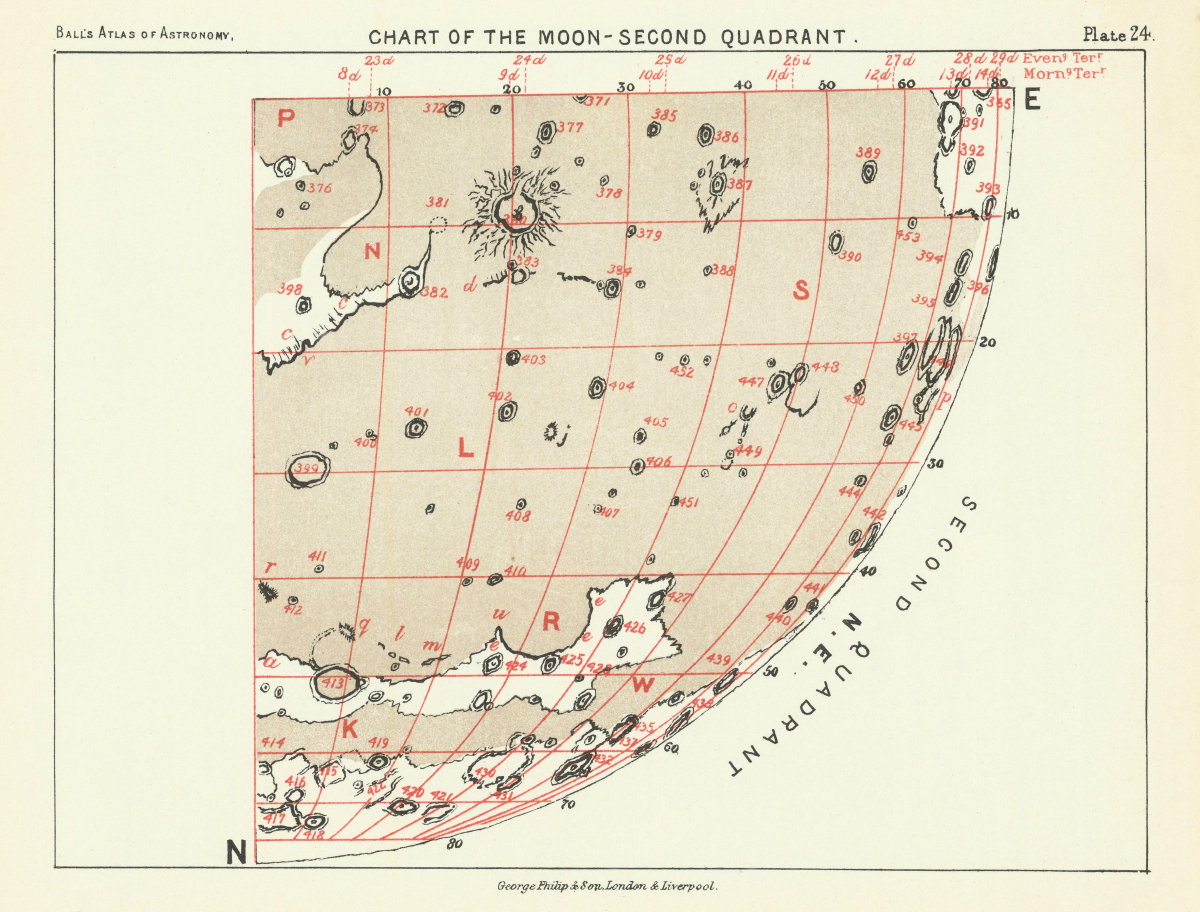 Chart of the Moon 2nd Quadrant - North East - by Robert Ball. Astronomy 1892 map