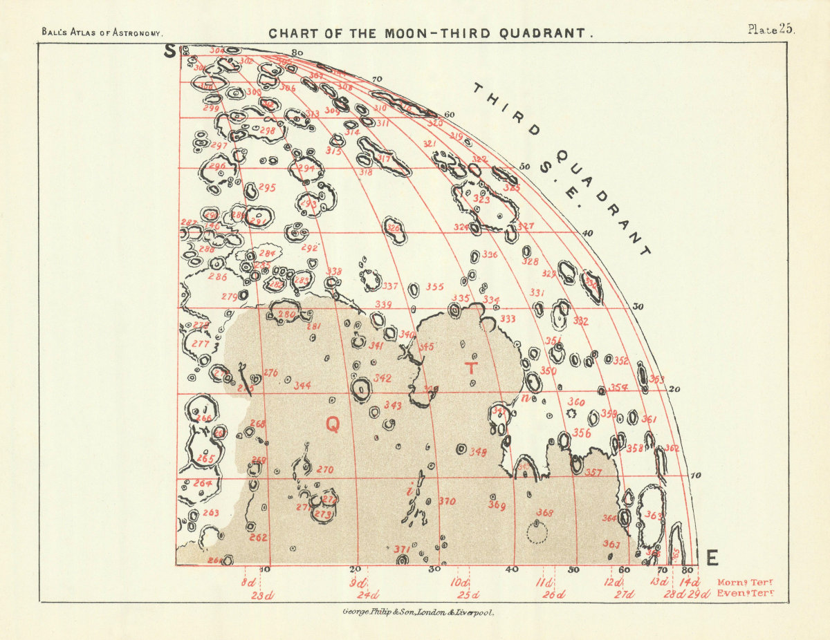 Associate Product Chart of the Moon 3rd Quadrant - South East - by Robert Ball. Astronomy 1892 map