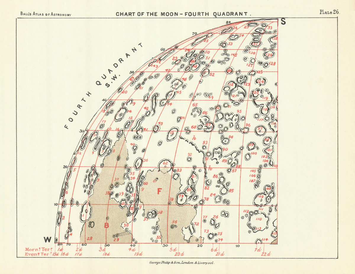 Associate Product Chart of the Moon 4th Quadrant - South West - by Robert Ball. Astronomy 1892 map