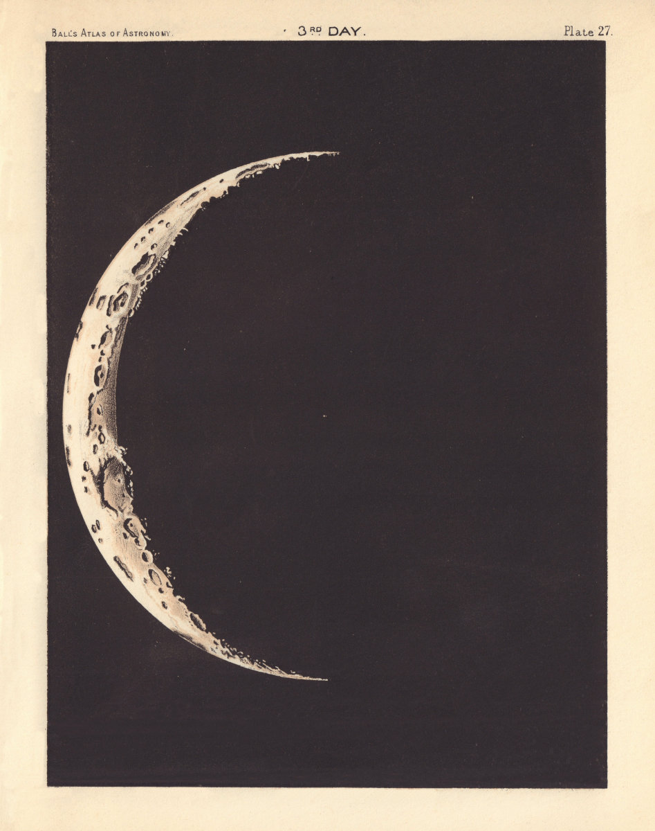Associate Product Phases of the Moon - 3rd day by Robert Ball. Astronomy 1892 old antique map