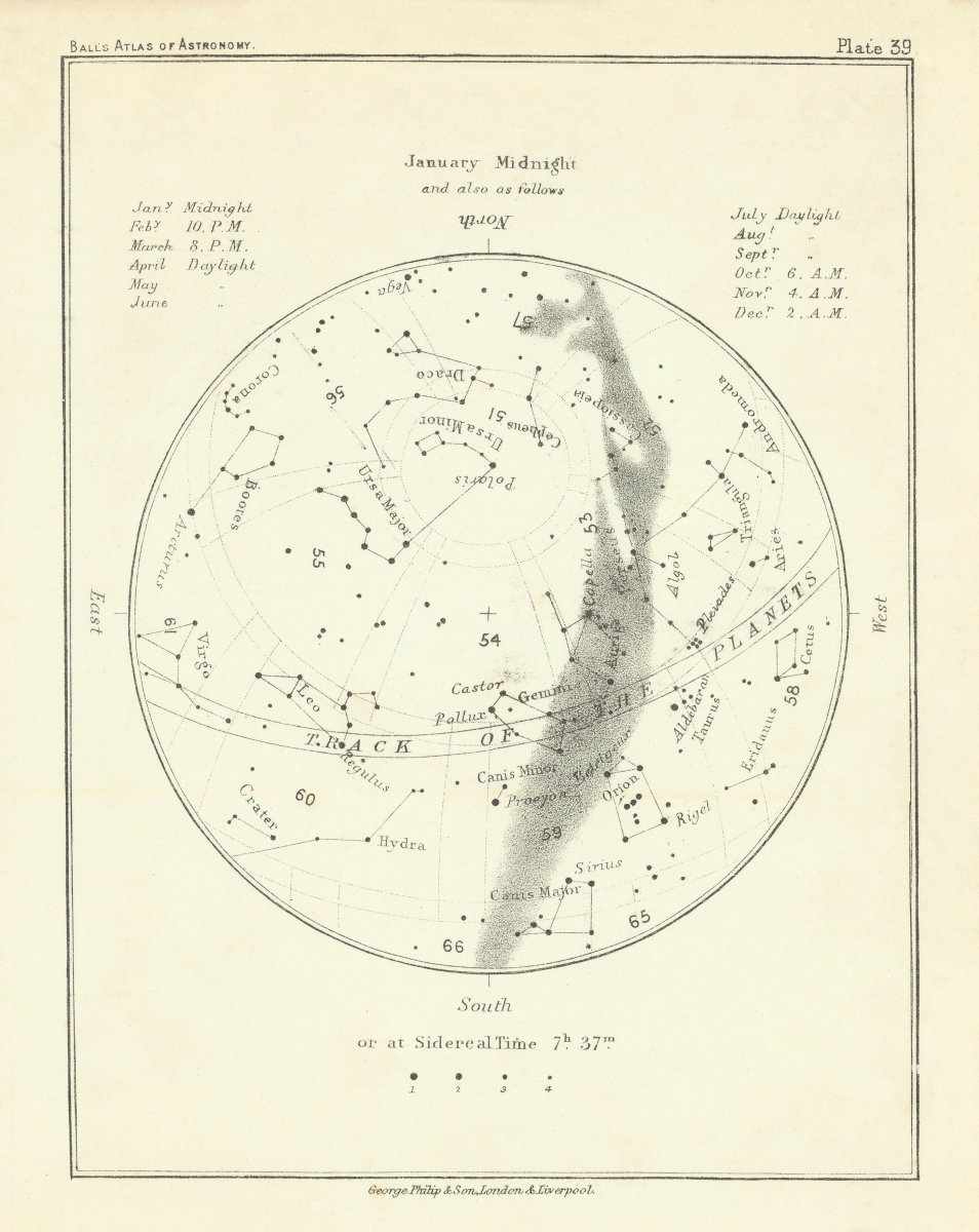 Associate Product Night Sky Star Chart - January Midnight by Robert Ball. Astronomy 1892 old map