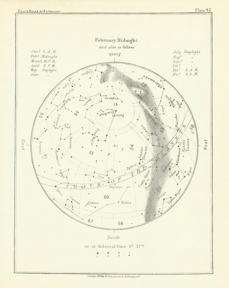 Associate Product Night Sky Star Chart - February Midnight by Robert Ball. Astronomy 1892 map