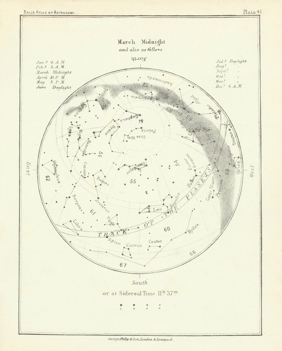 Associate Product Night Sky Star Chart - March Midnight by Robert Ball. Astronomy 1892 old map