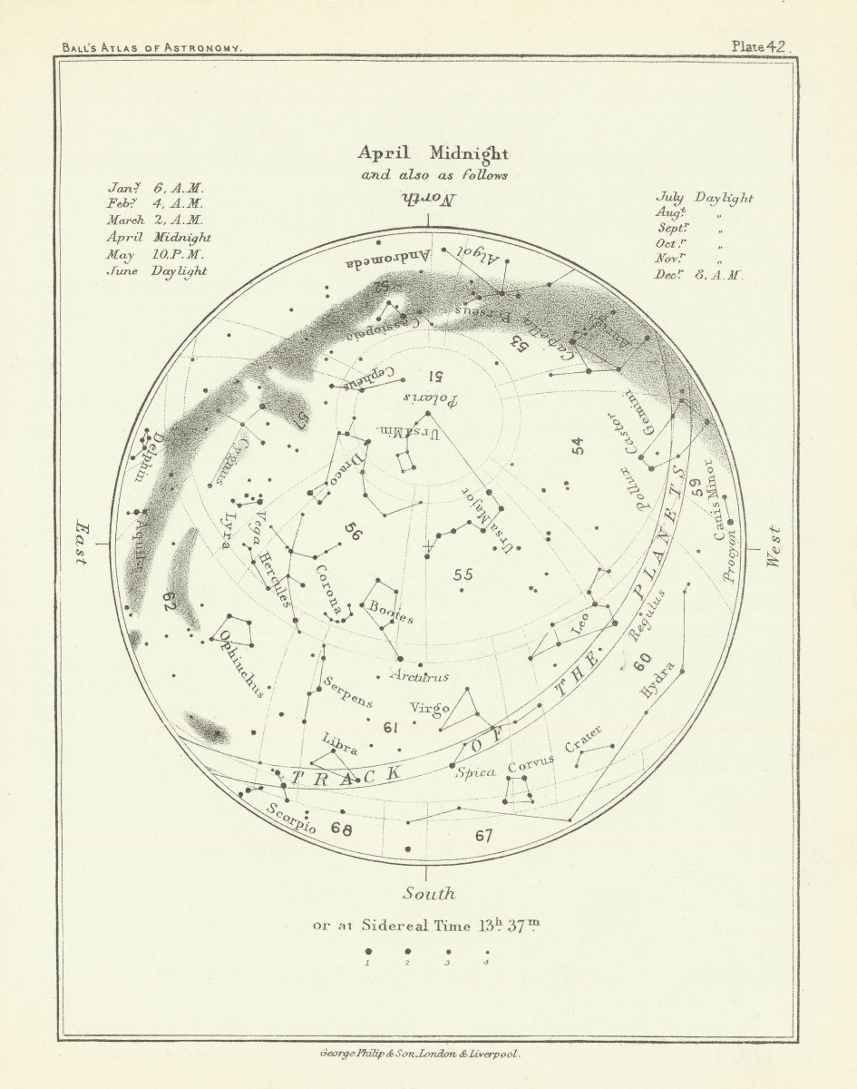 Associate Product Night Sky Star Chart - April Midnight by Robert Ball. Astronomy 1892 old map