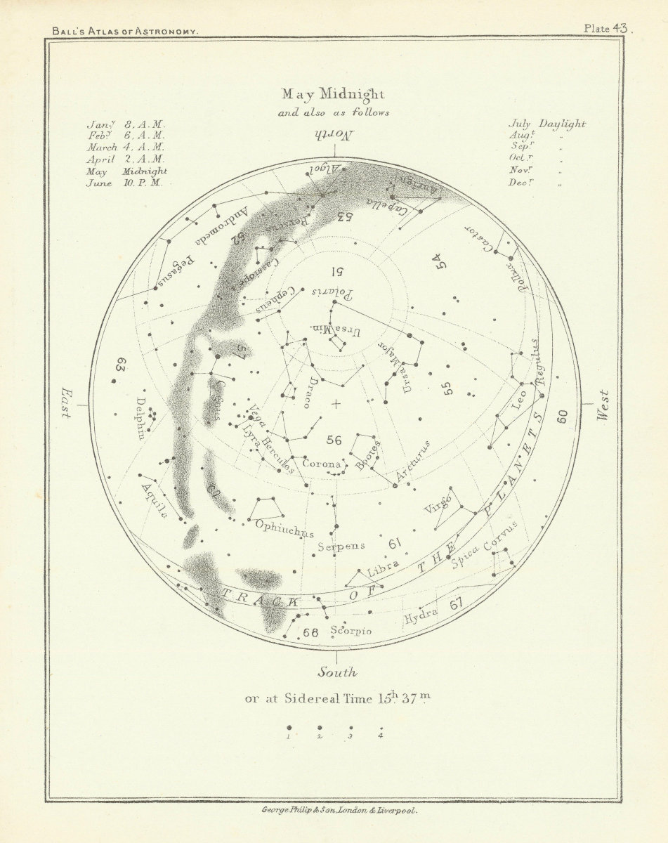 Associate Product Night Sky Star Chart - May Midnight by Robert Ball. Astronomy 1892 old map