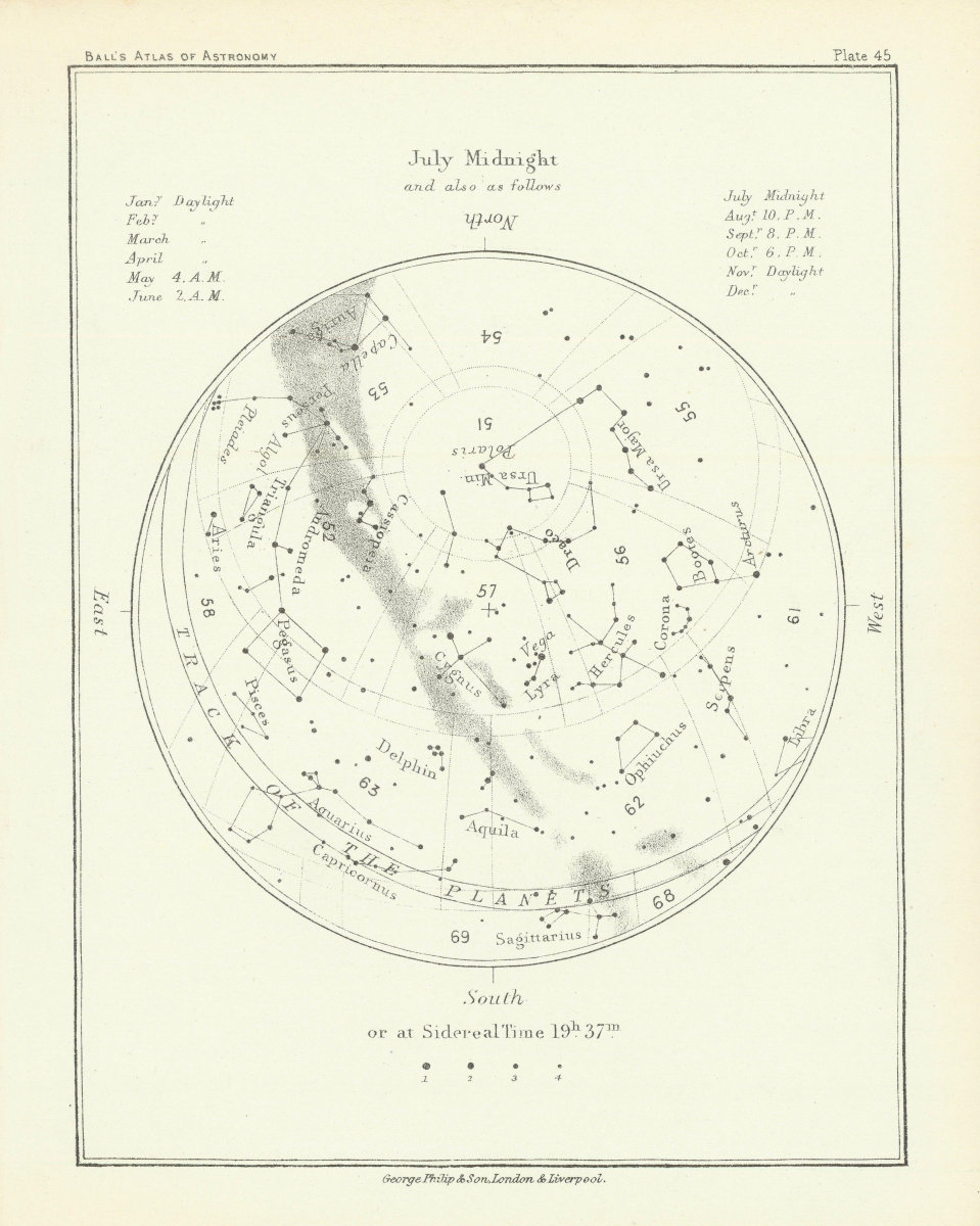 Associate Product Night Sky Star Chart - July Midnight by Robert Ball. Astronomy 1892 old map
