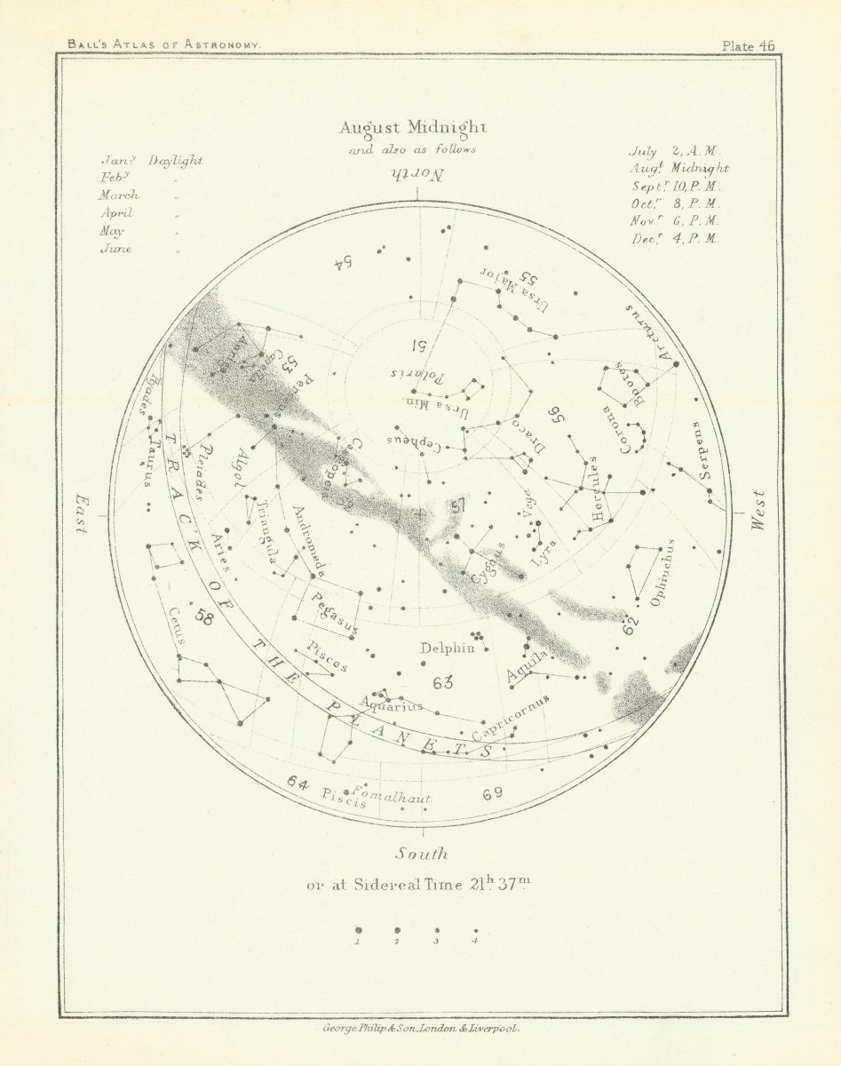 Associate Product Night Sky Star Chart - August Midnight by Robert Ball. Astronomy 1892 old map