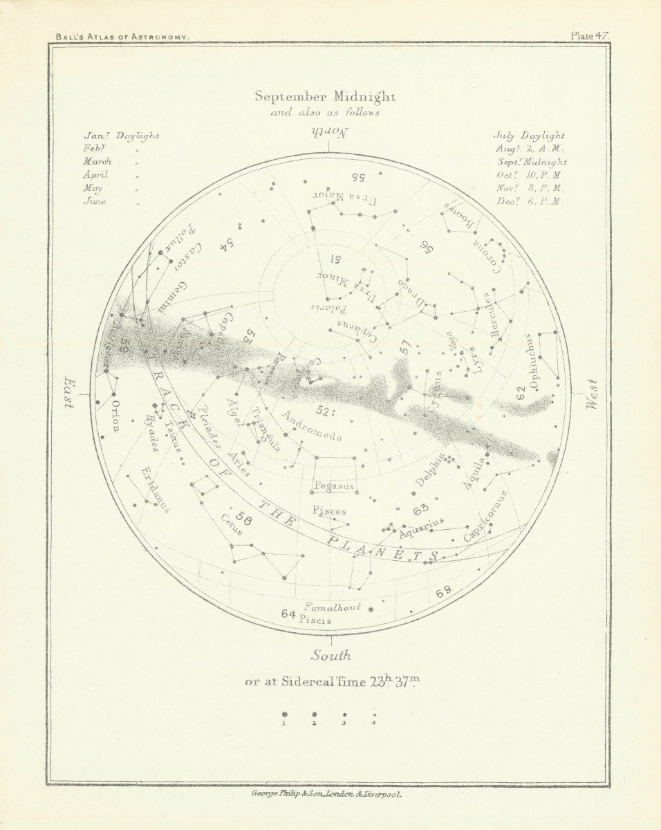 Associate Product Night Sky Star Chart - September Midnight by Robert Ball. Astronomy 1892 map