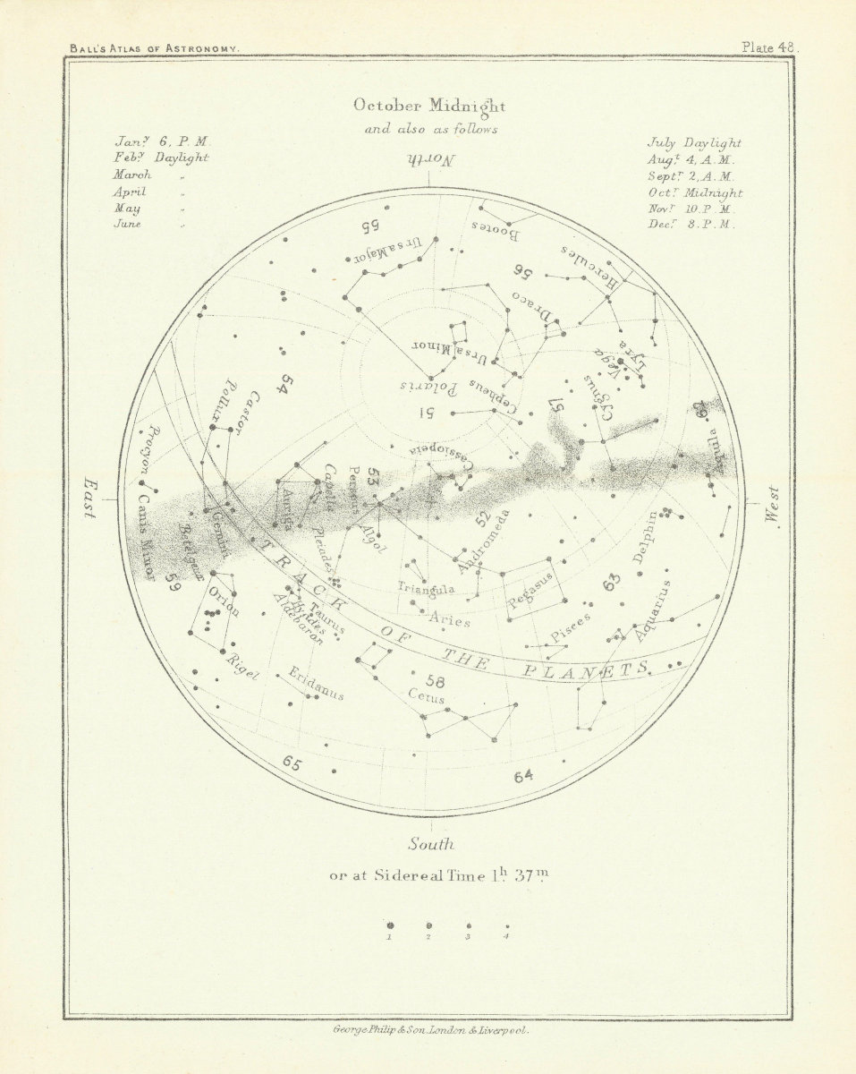Associate Product Night Sky Star Chart - October Midnight by Robert Ball. Astronomy 1892 old map