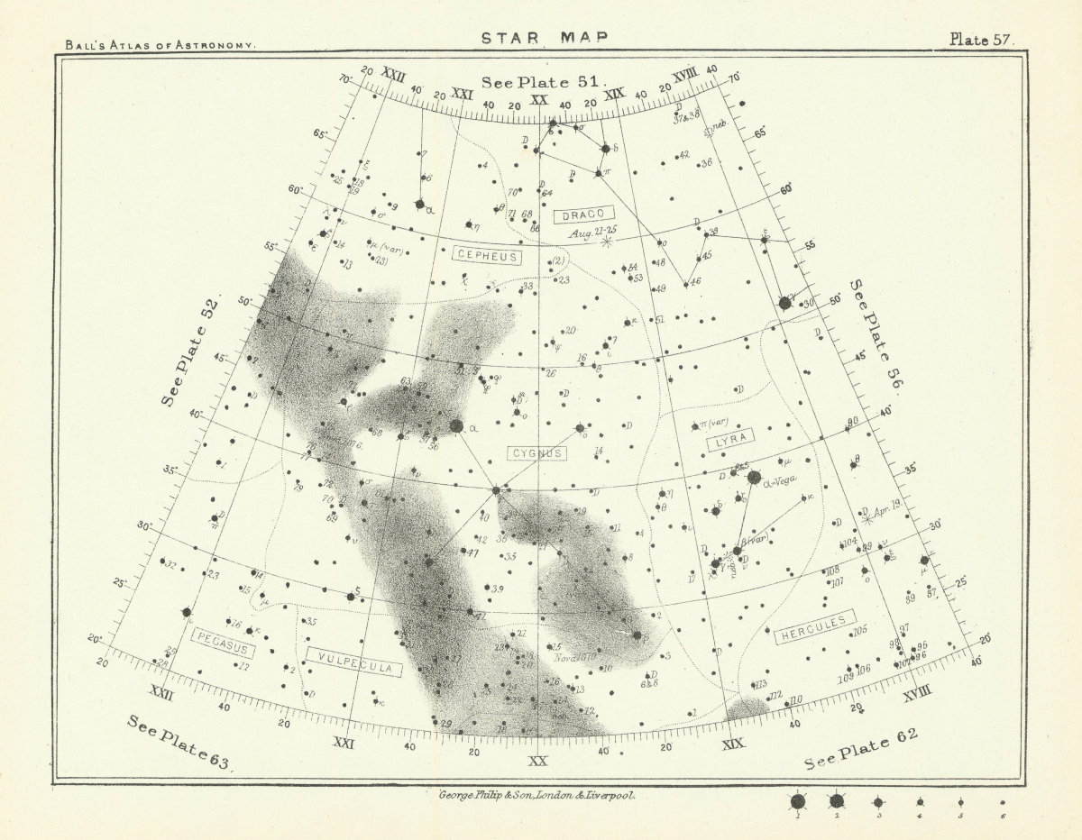 Associate Product Star map night sky Cepheus Cygnus Draco Hercules Lyra Pegasus Vulpecula 1892