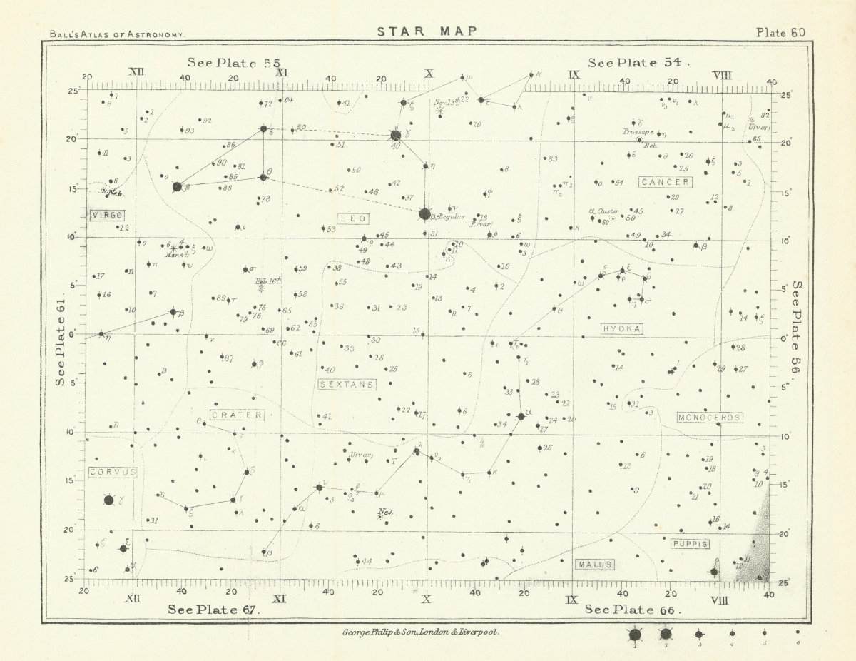 Associate Product Star map night sky Cancer Corvus Crater Hydra Leo Puppis Sextans Virgo 1892