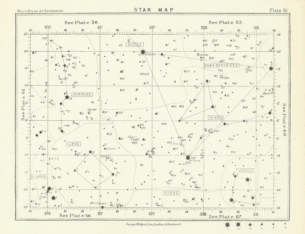 Associate Product Star map night sky Bootes Corvus Hydra Libra Scorpio Serpens Virgo 1892