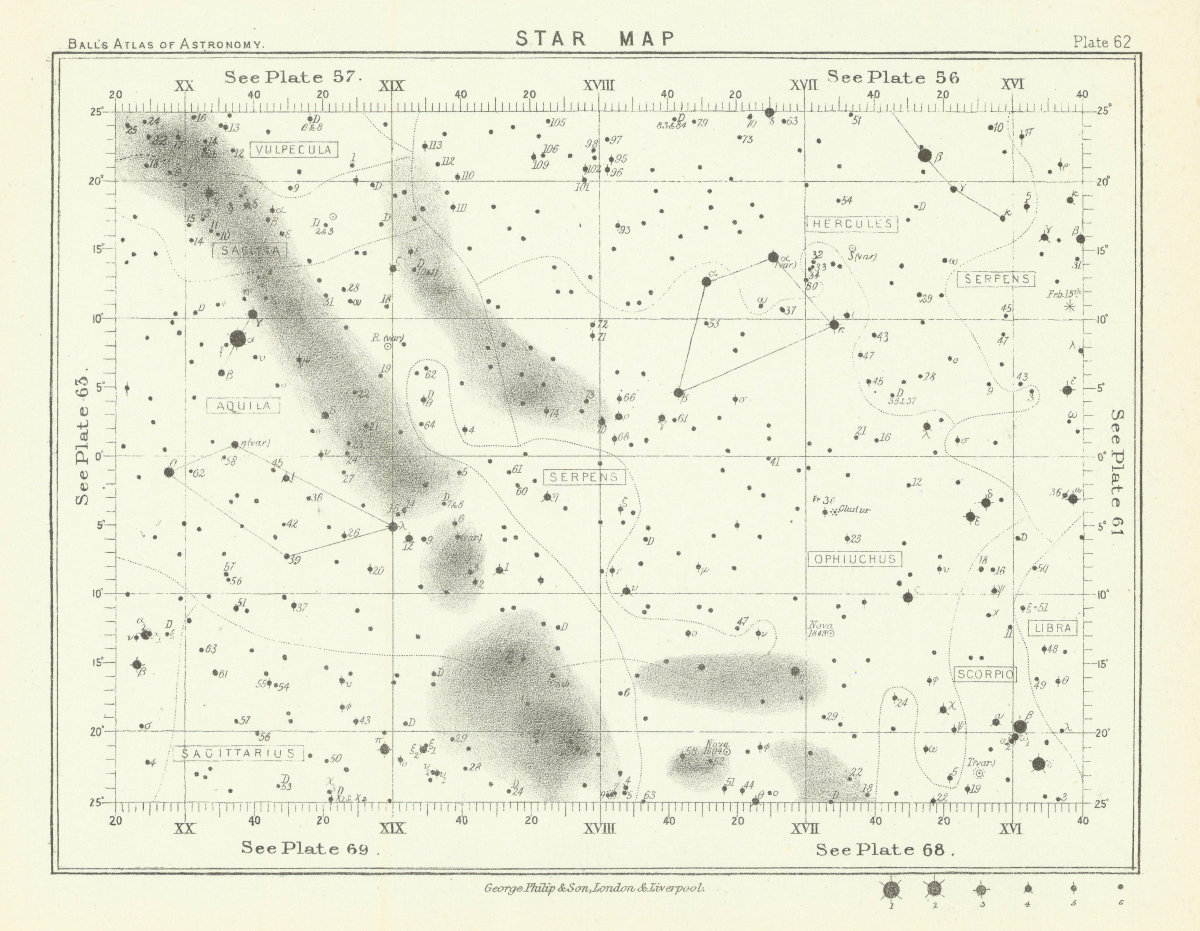 Associate Product Star map night sky Aquila Hercules Libra Sagittarius Scorpio Serpens 1892