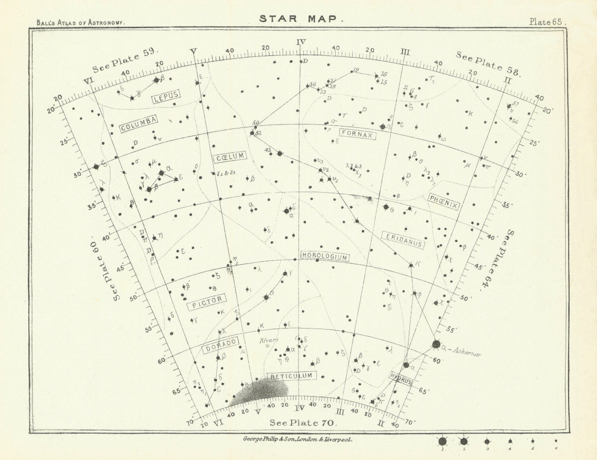 Star map night sky Columba Dorado Eridanus Fornax Hydrus Lepus Phoenix 1892