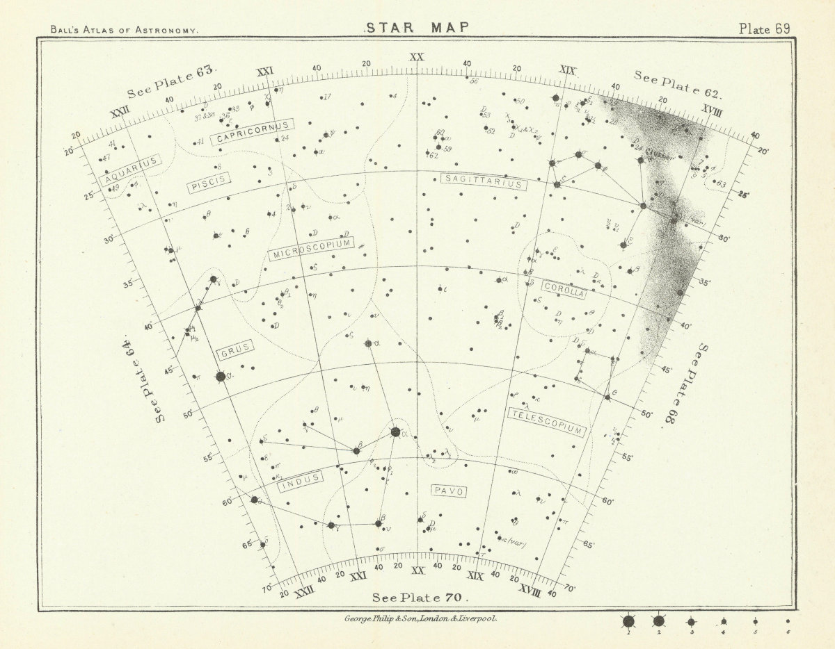 Associate Product Star map night sky Aquarius Capricornus Corolla Grus Indus Pavo Sagittarius 1892