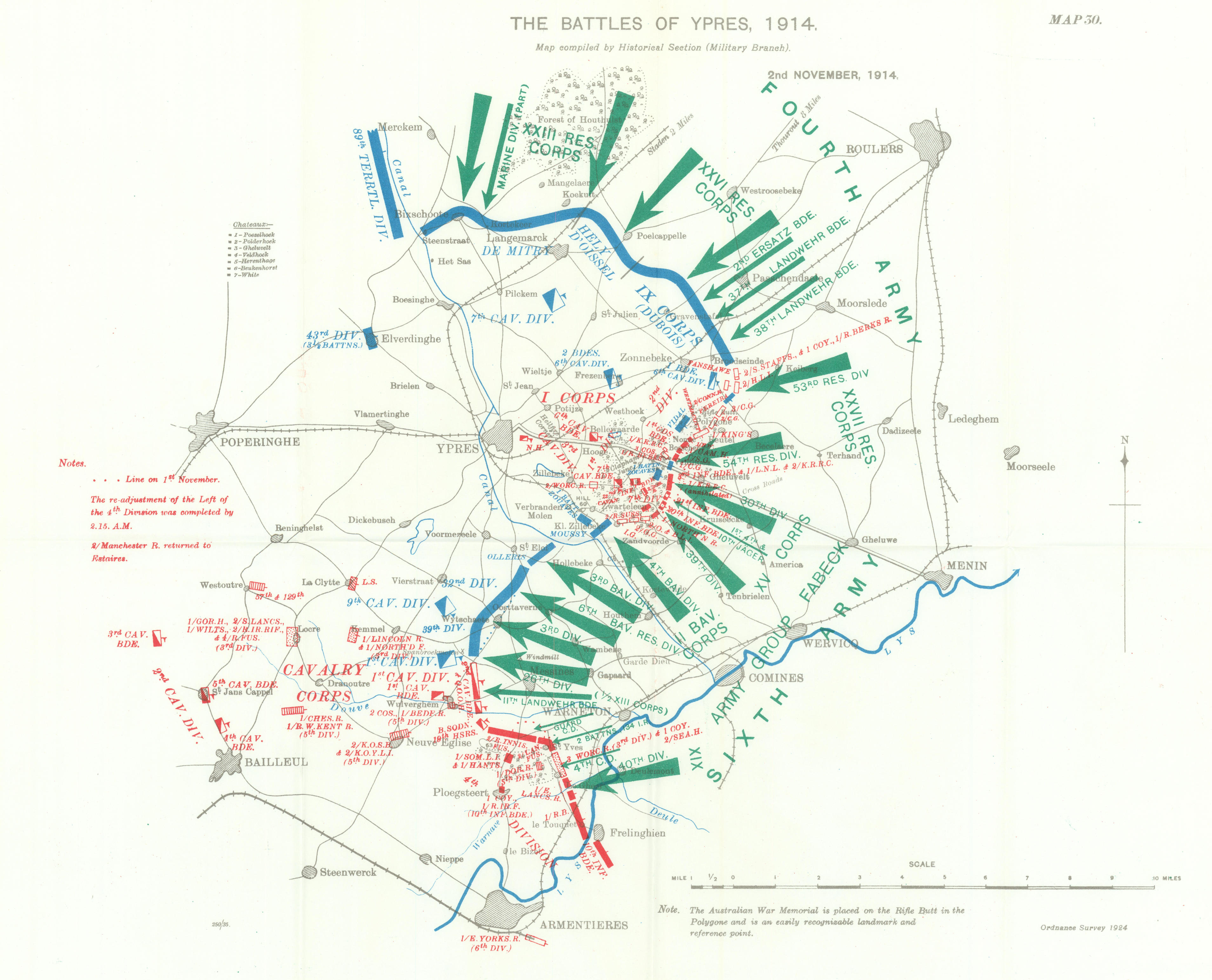 Battle of Ypres 1914. 2nd November, 1914. First World War. 1933 old map