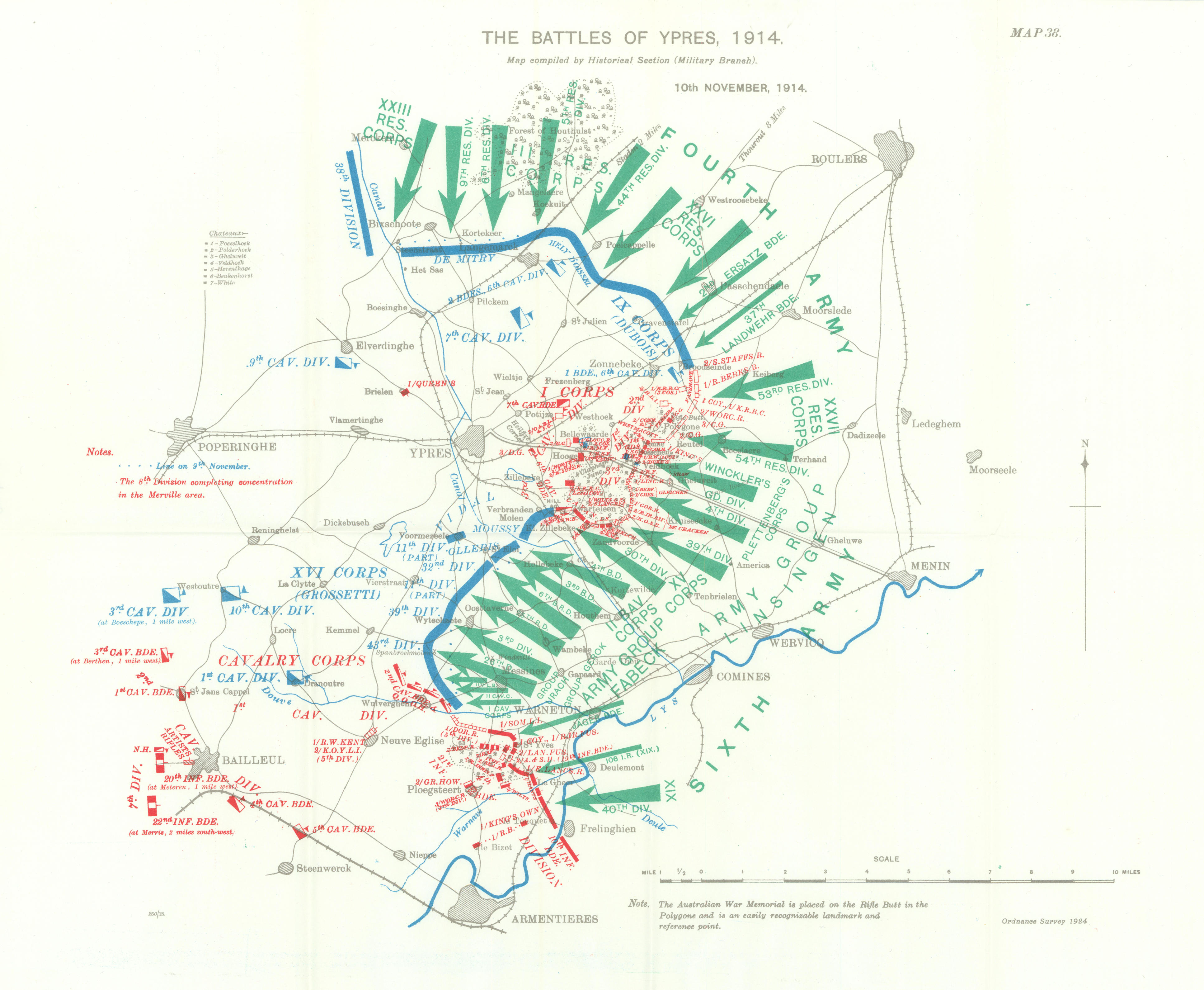 Battle of Ypres 1914. 10th November, 1914. First World War. 1933 old map