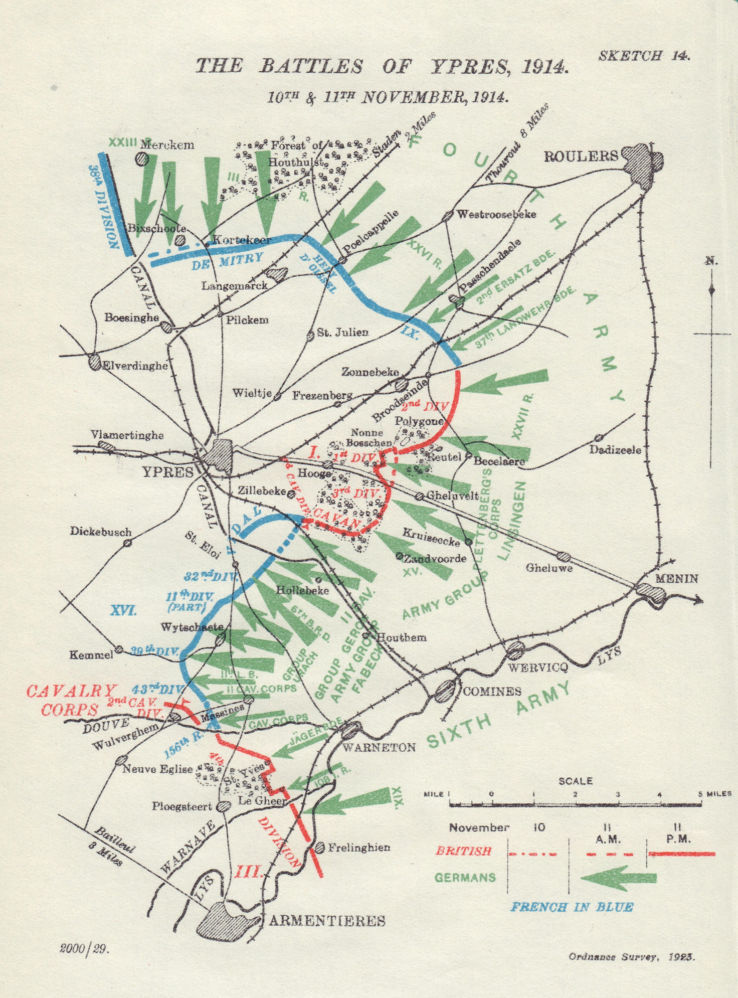 Battle of Ypres, 10th & 11th November, 1914. First World War. 1925 old map