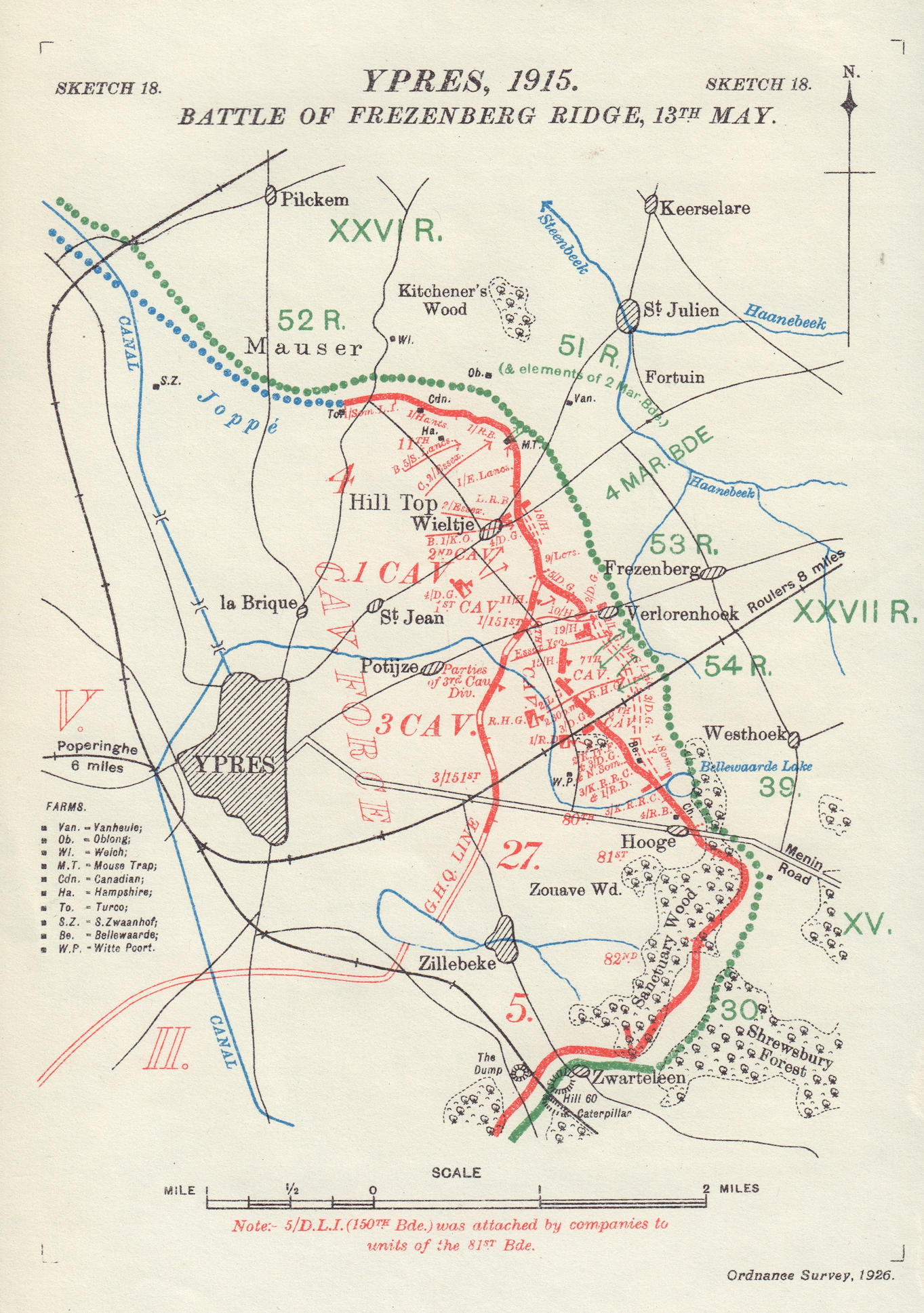 Battle of Frezenberg Ridge, 13th May 1915. Ypres. First World War. 1927 map