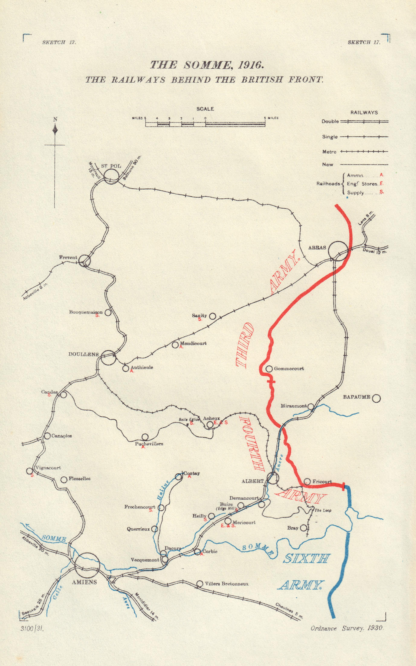 Somme, 1916. Railways behind British Front. First World War. 1932 old map