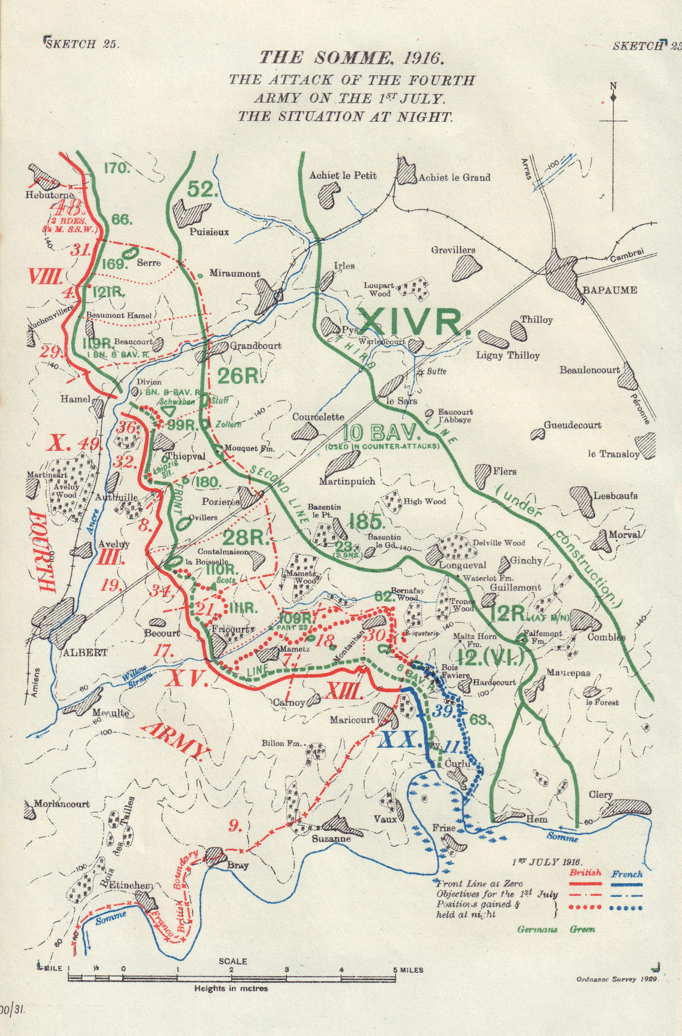 Somme, 1916. 4th Army attack, 1st July. Situation at Night. WW1. 1932 ...