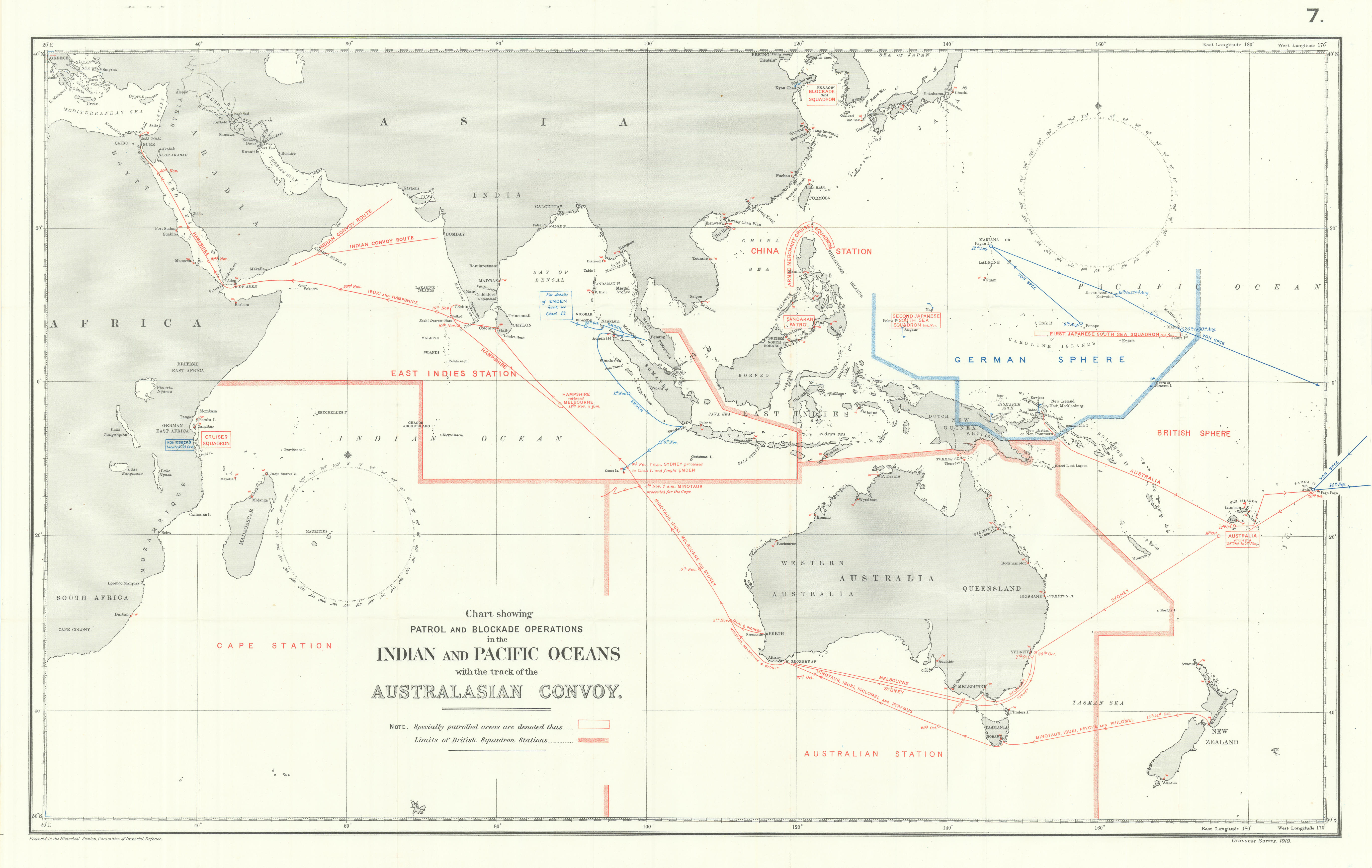 Associate Product Indian & Pacific Oceans. Australasian Convoy 1914. First World War. 1920 map