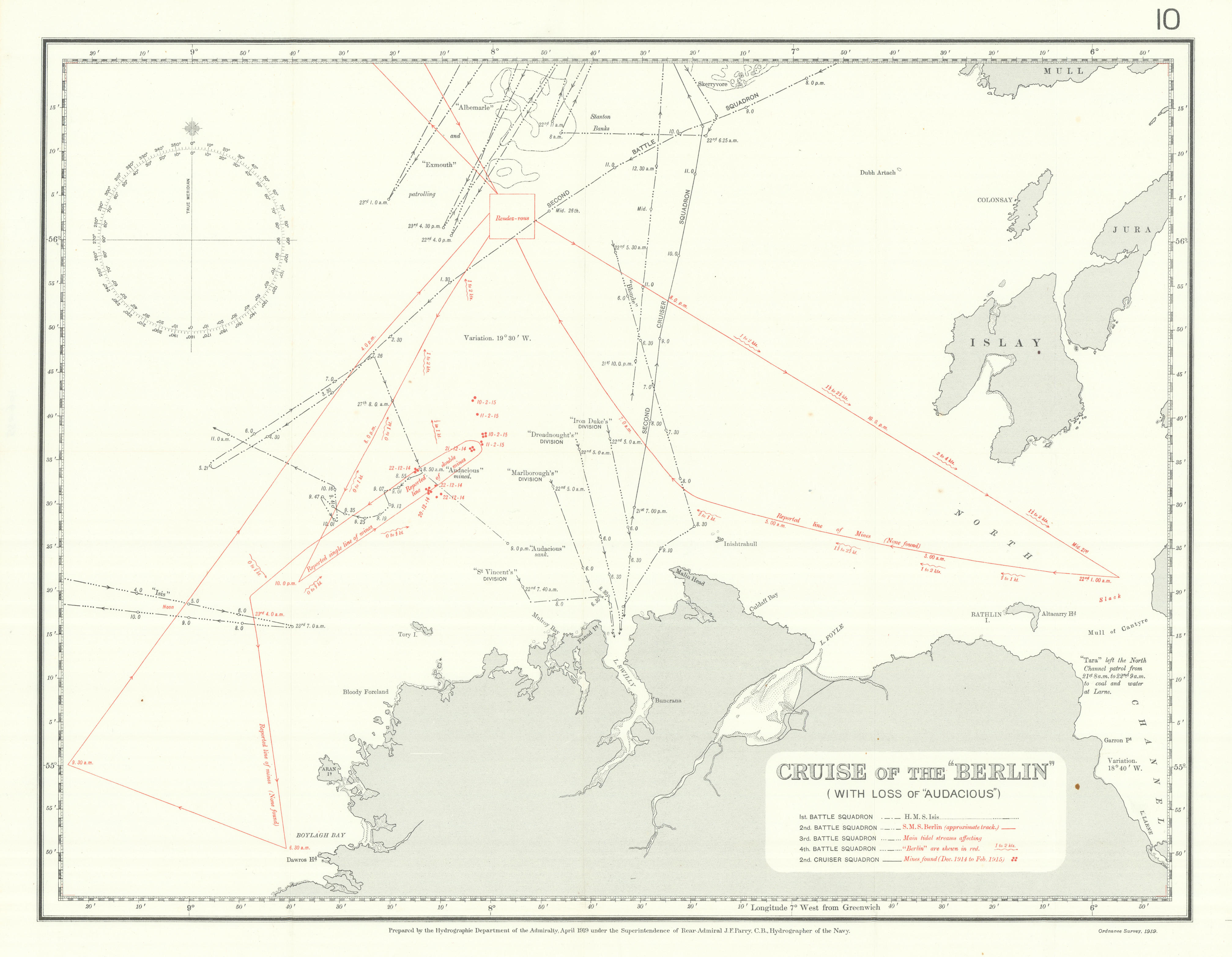 Associate Product SMS Berlin route. Loss of HMS Audacious 1914. First World War. Ireland 1920 map