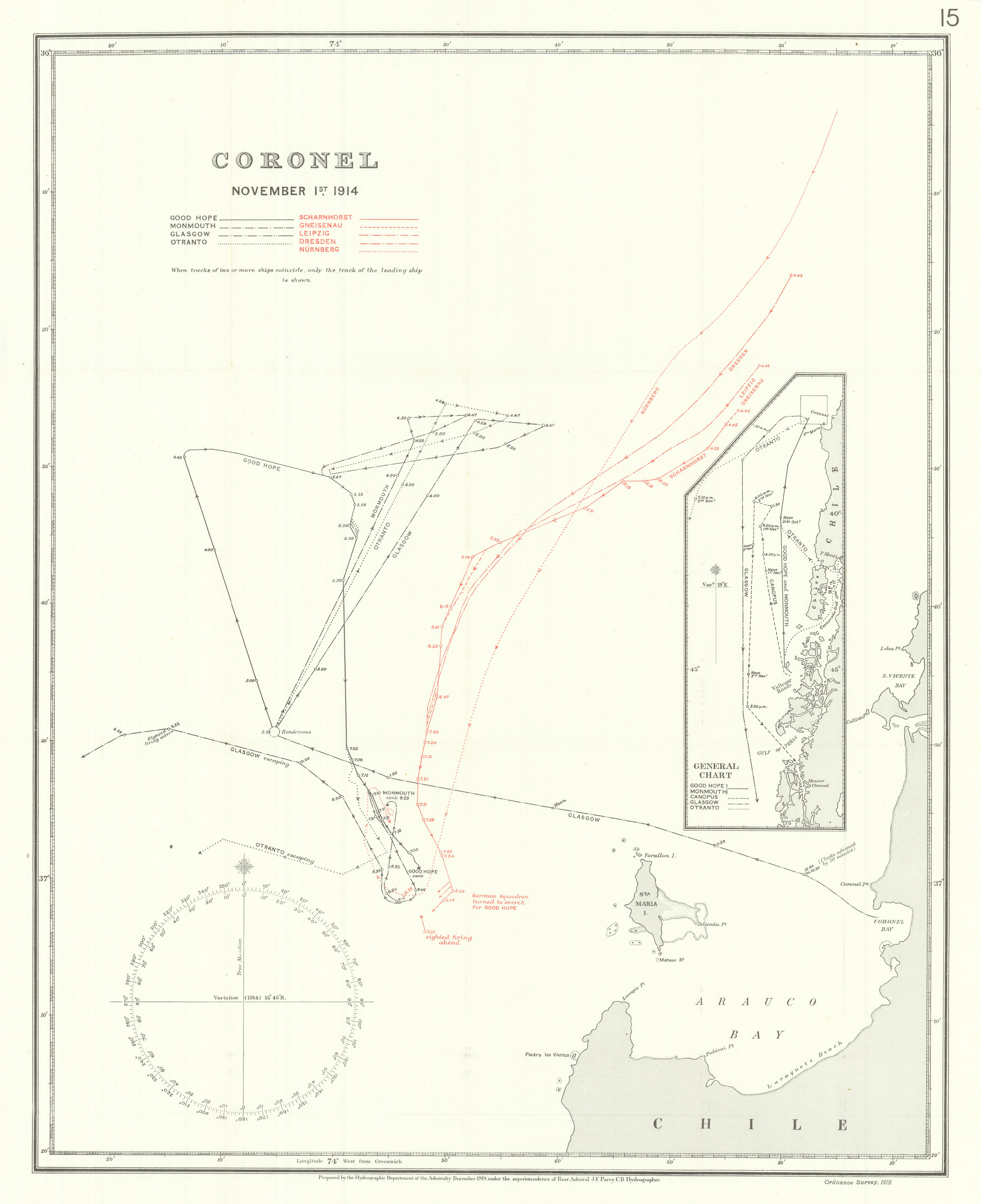 Battle of Coronel, November 1st 1914. First World War. 1920 old antique map