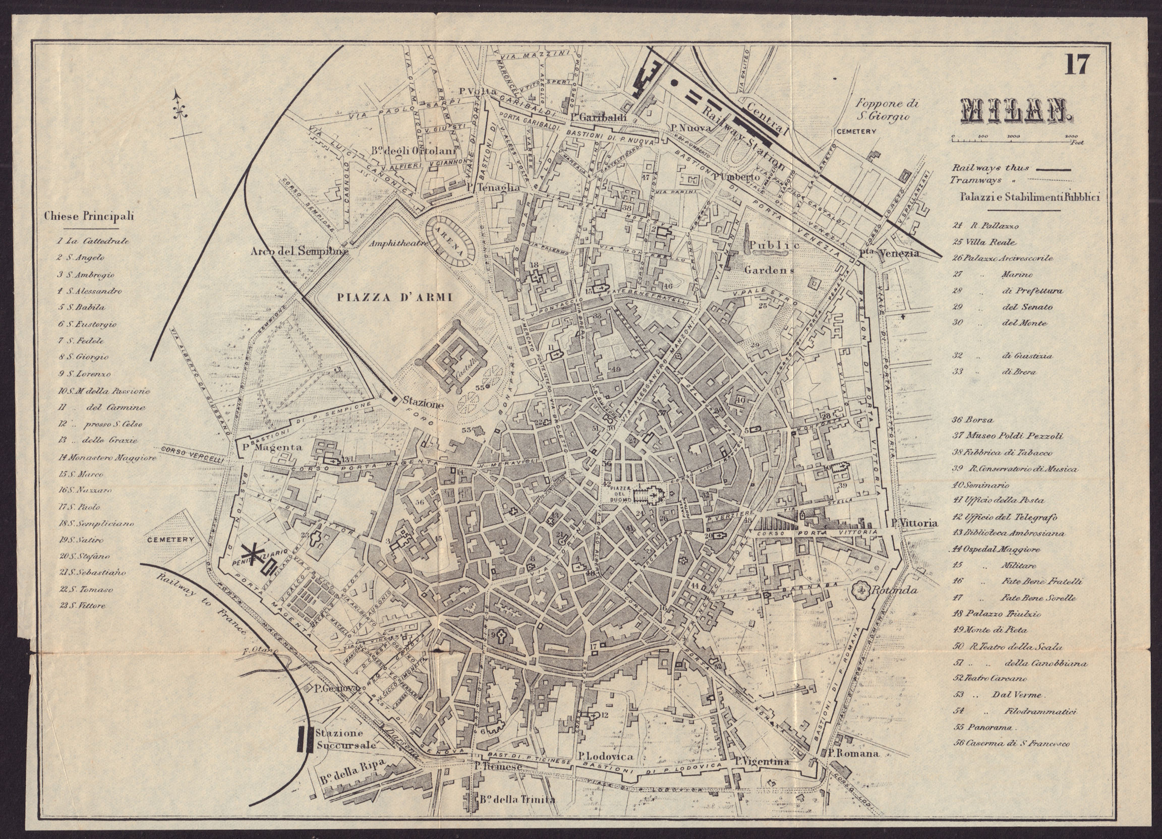 MILAN MILANO antique town plan city map. Italy. BRADSHAW c1899 old