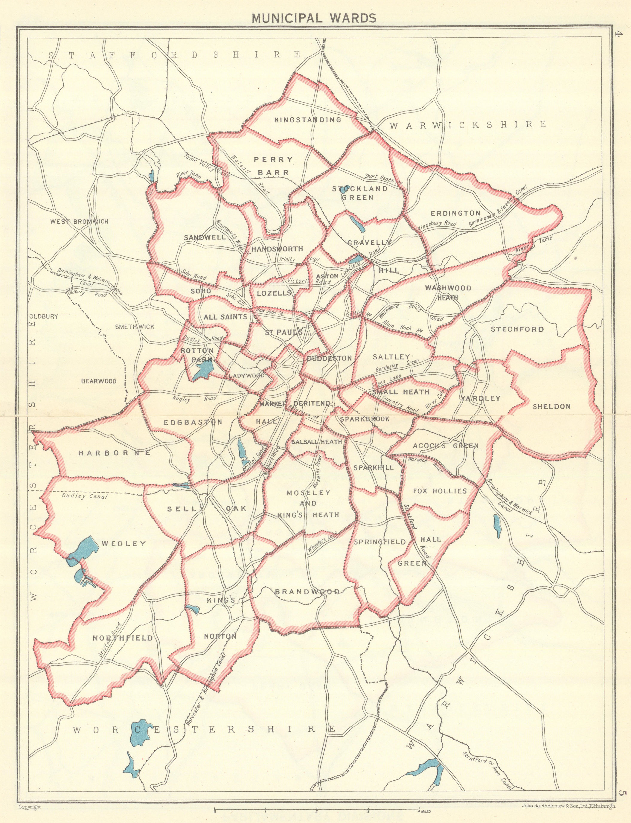 BIRMINGHAM Munipical Wards 1954 old vintage map plan chart