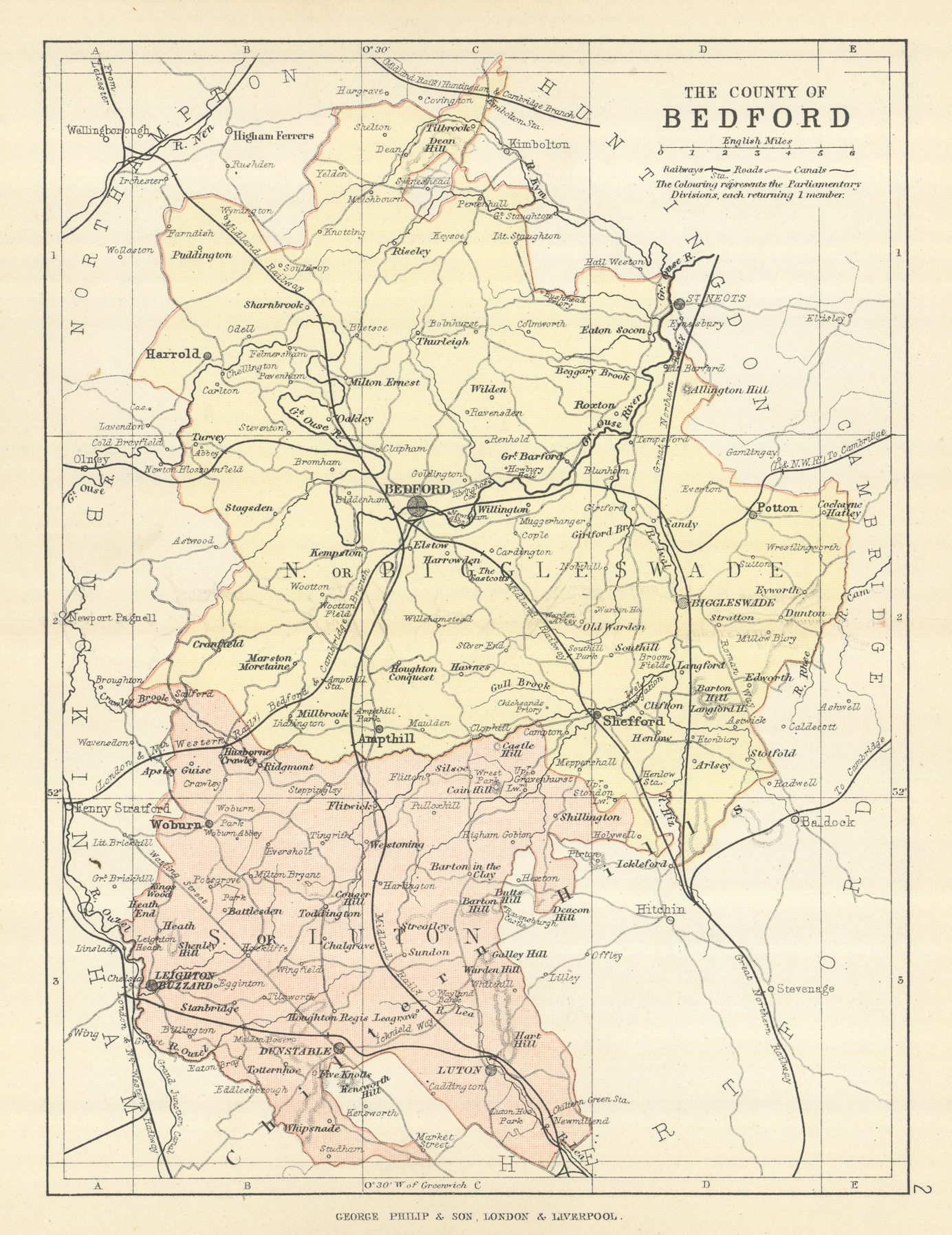 BEDFORDSHIRE. Antique county map. Railways roads canals. PHILIP 1889 old