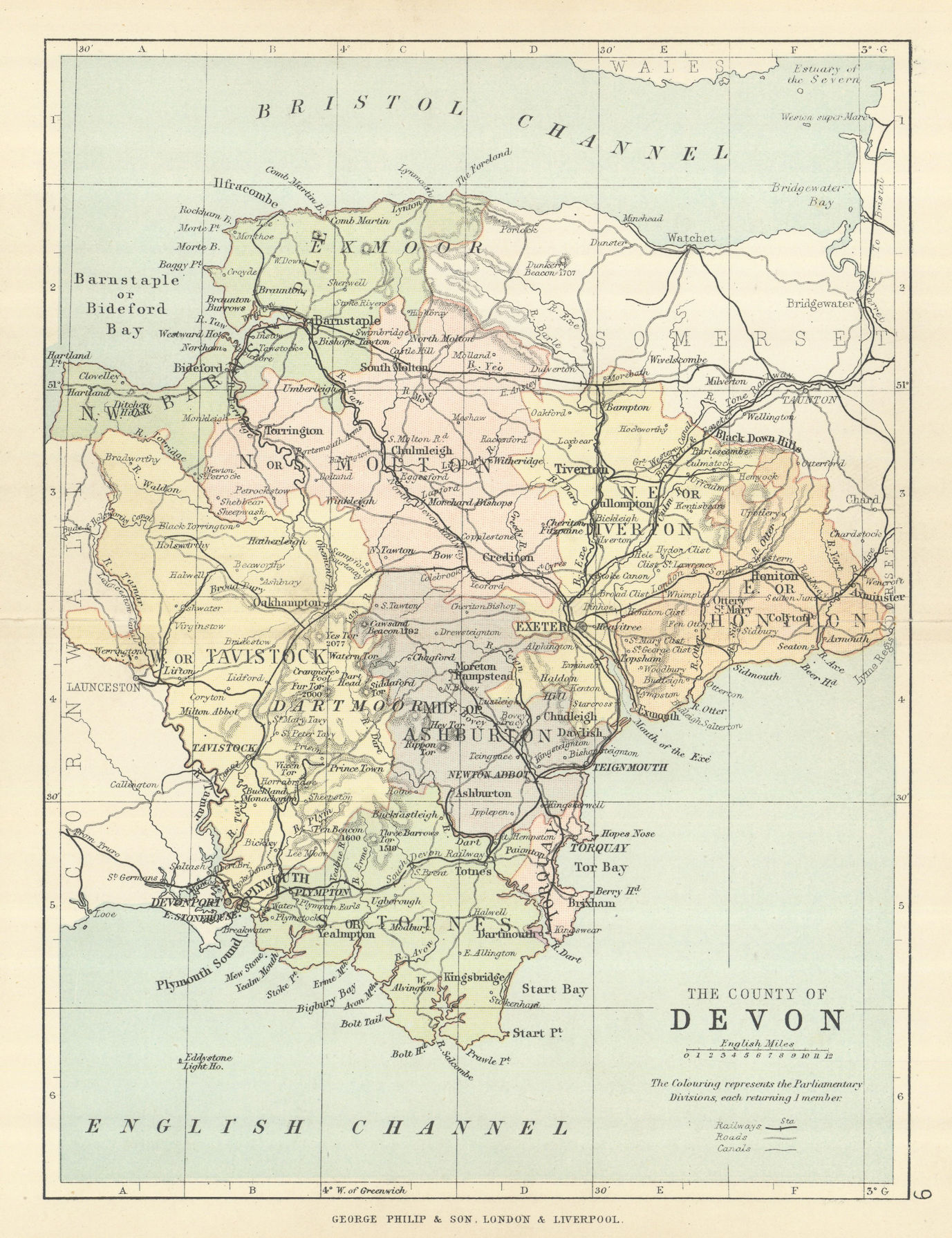 Associate Product DEVONSHIRE. Antique county map. Railways canals. Constituencies. PHILIP 1889