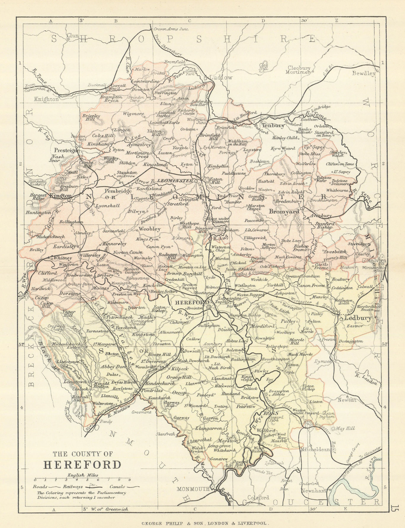 Associate Product HEREFORDSHIRE. Antique county map. Railways roads canals. PHILIP 1889 old