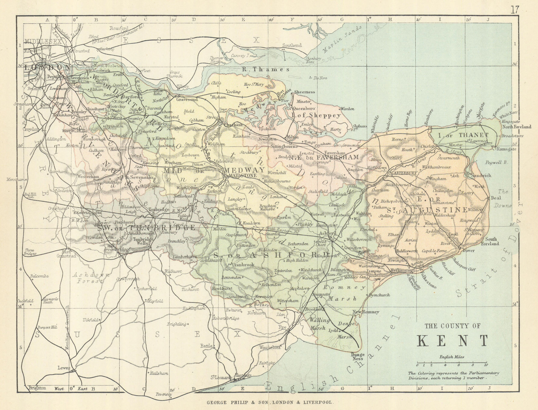 Associate Product KENT. Antique county map. Railways roads. Constituencies. PHILIP 1889 old