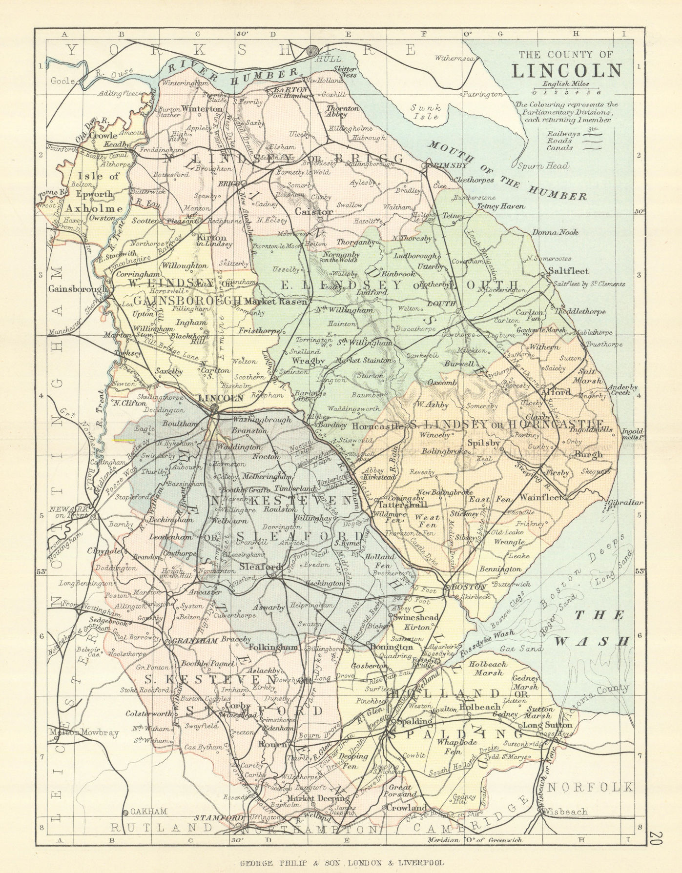 Associate Product LINCOLNSHIRE. Antique county map. Railways canals. Constituencies. PHILIP 1889