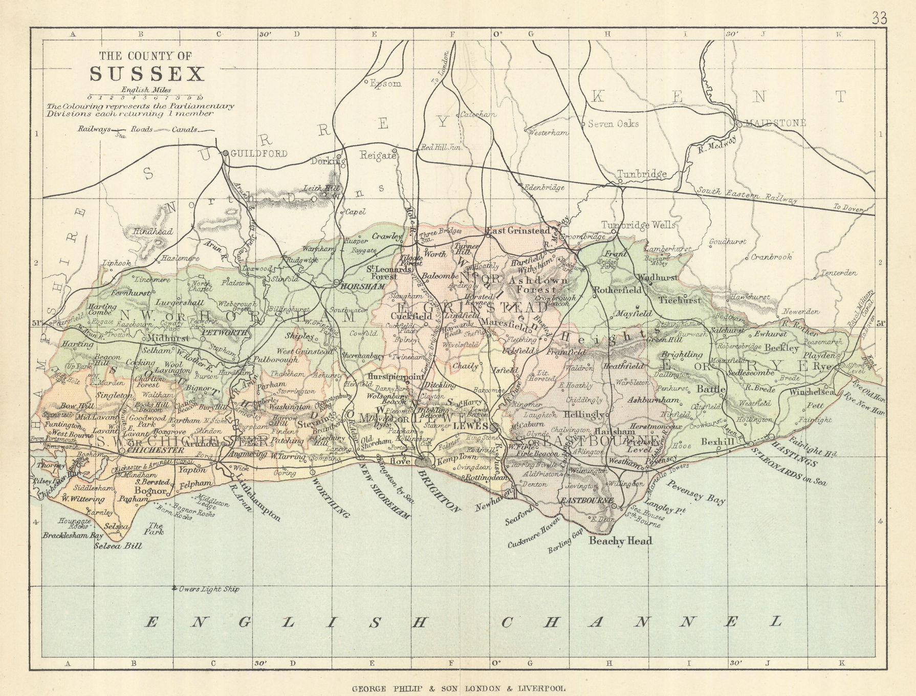 SUSSEX. Antique county map. Railways roads canals. Constituencies ...