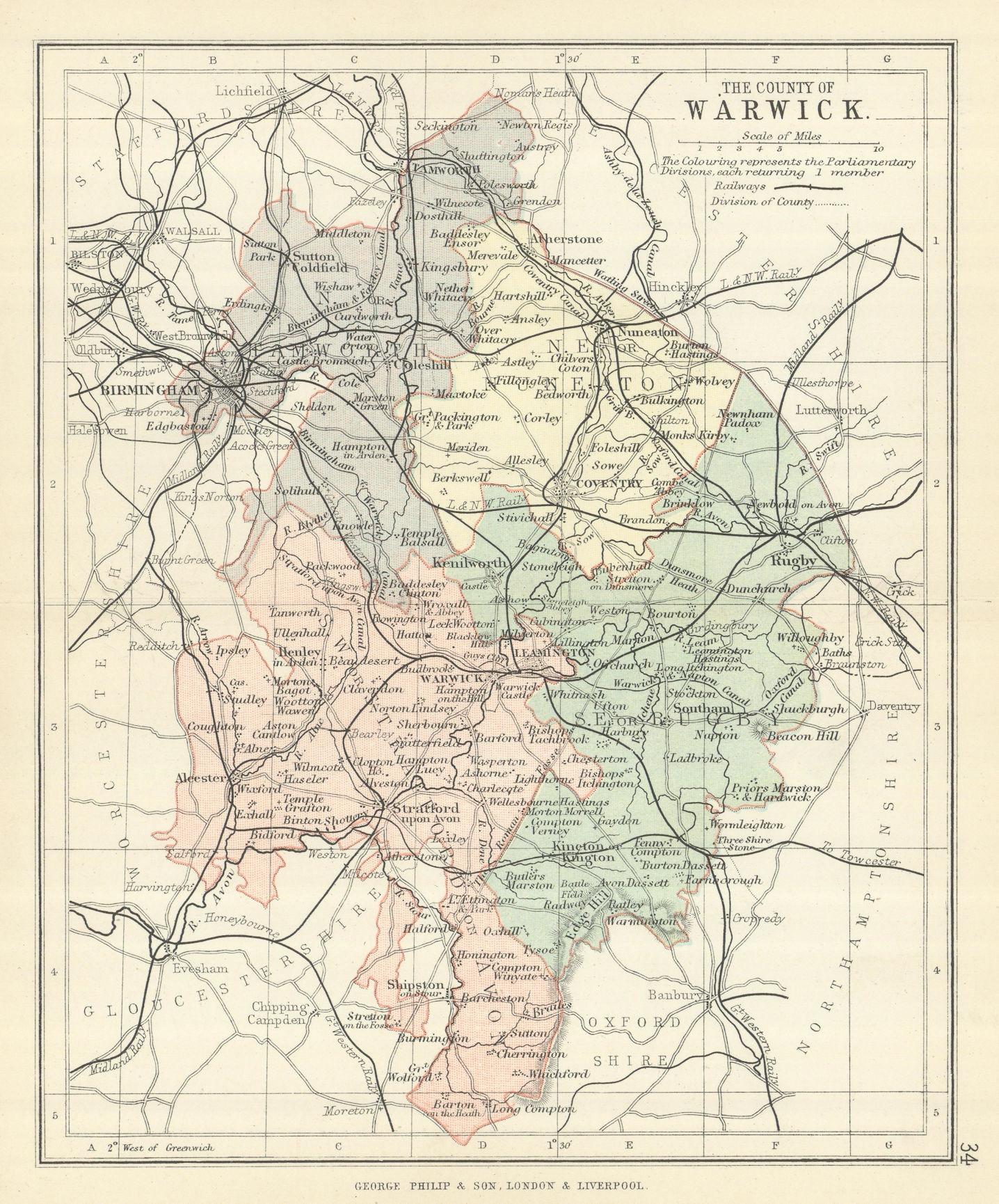Associate Product WARWICKSHIRE. Antique county map. Railways. Constituencies. PHILIP 1889