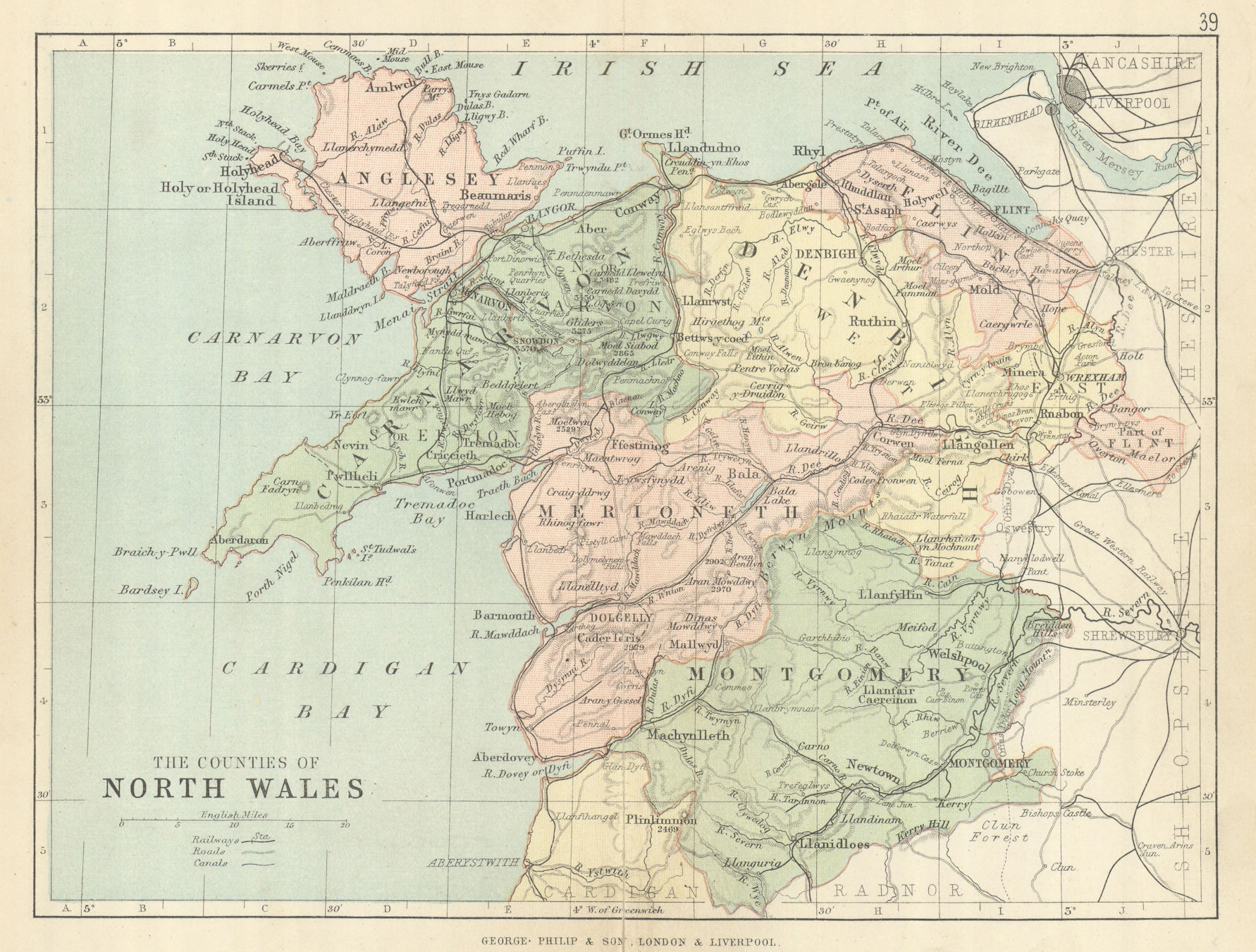 North Wales. Antique Map. Counties Railways Roads Canals. Philip 1889 Old