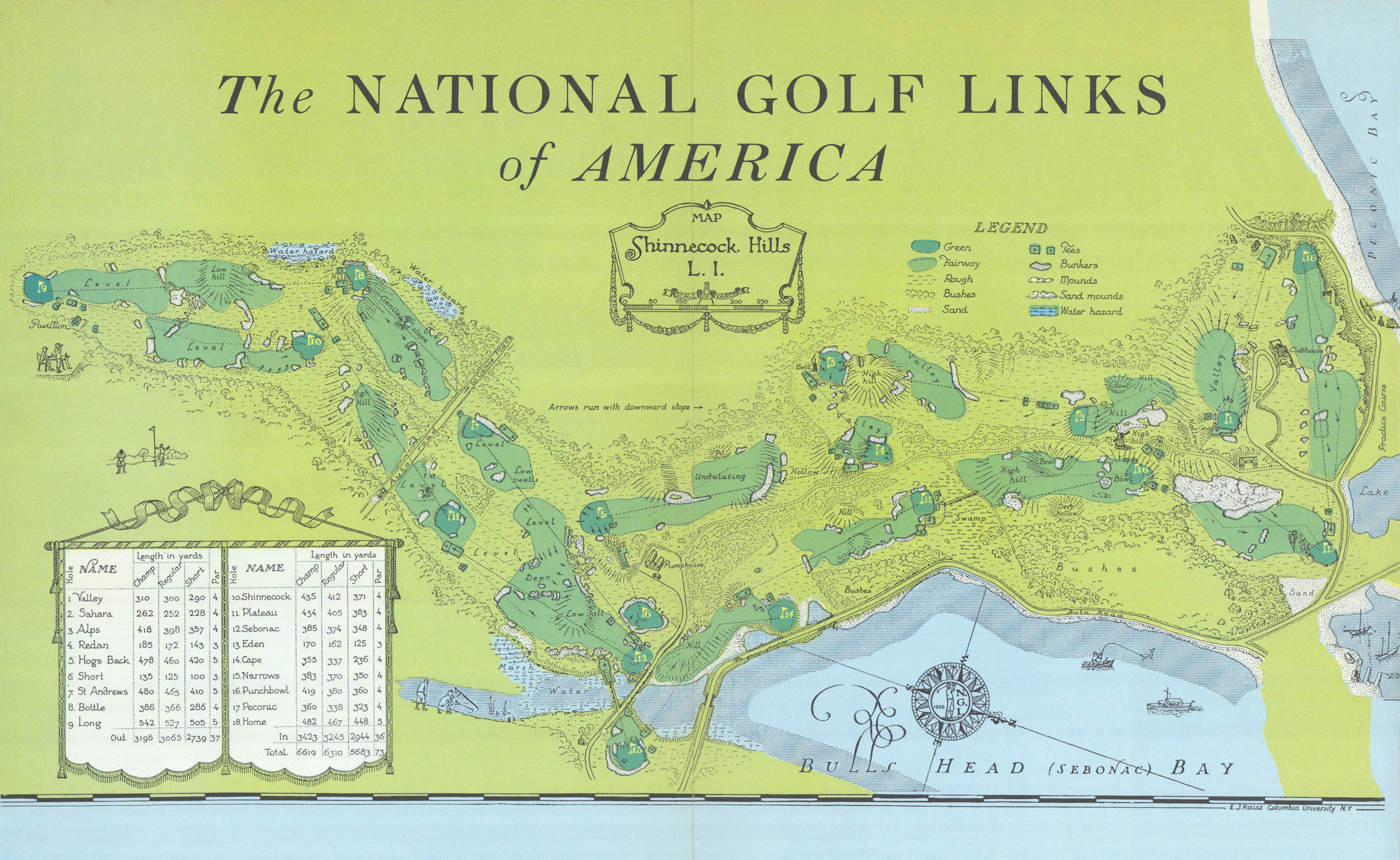 Shinnecock Hills, Long Island. Golf course plan by Erwin Raisz 1954 old map