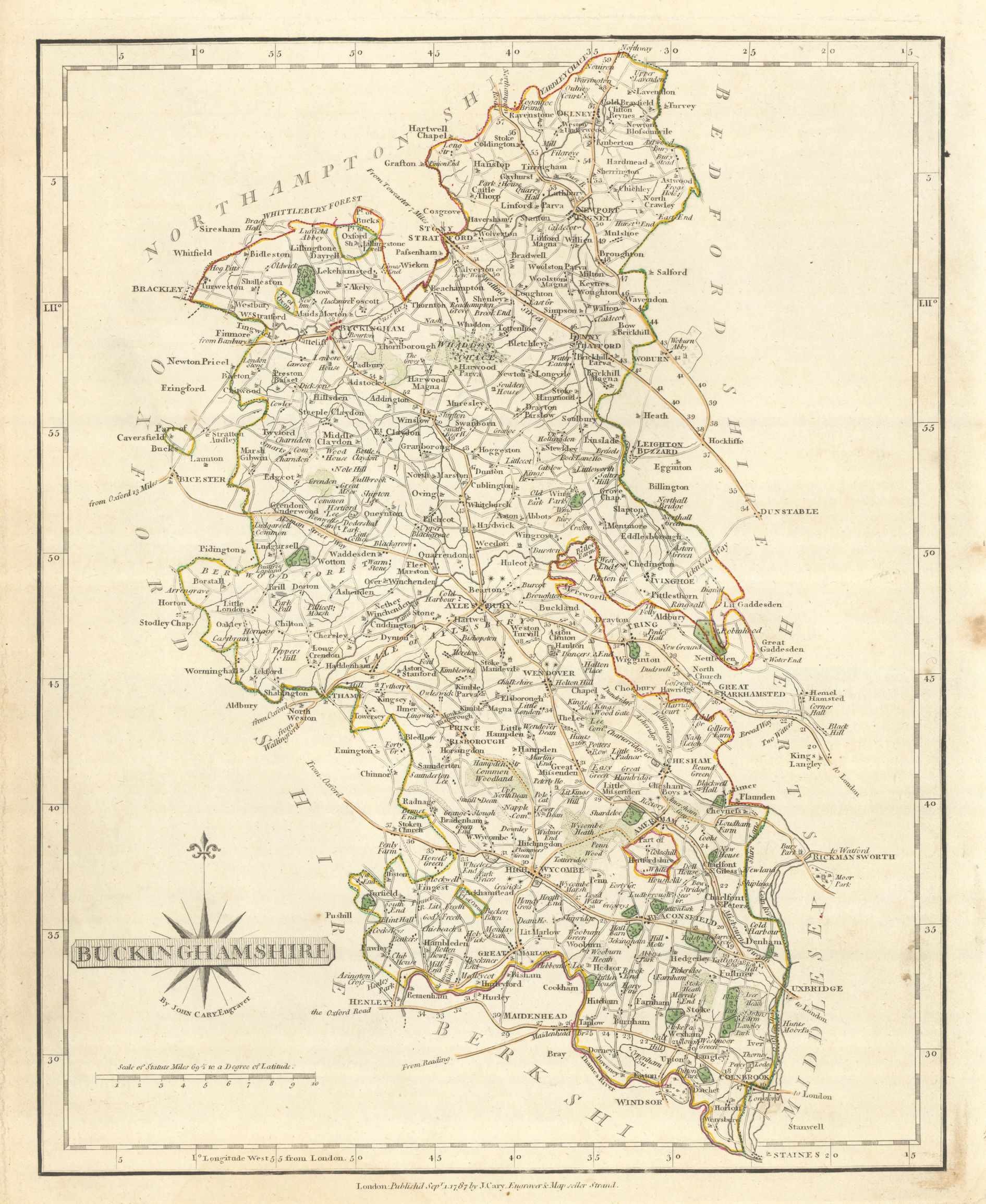 Associate Product Antique county map of BUCKINGHAMSHIRE by JOHN CARY. Original outline colour 1793