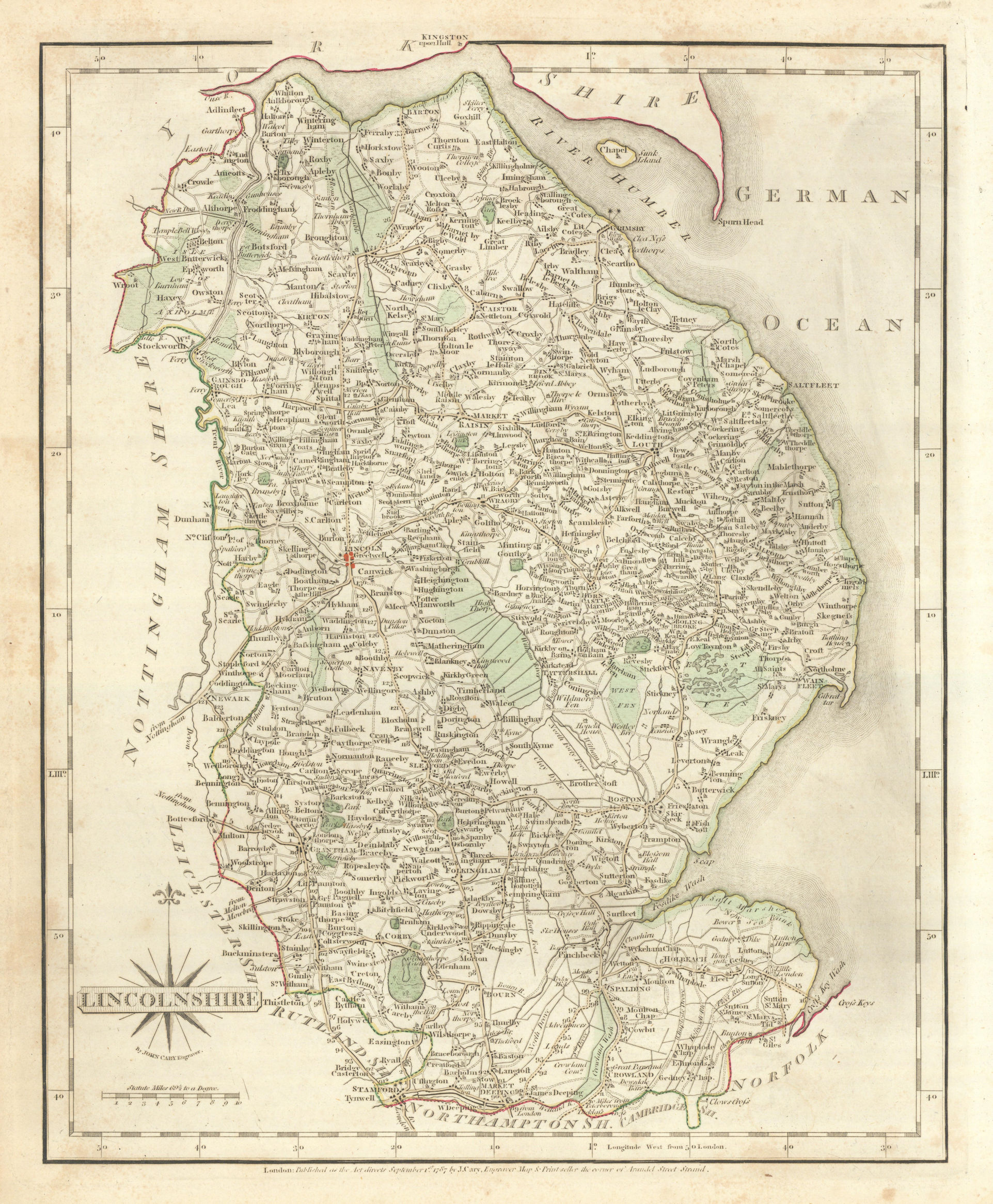 Antique county map of LINCOLNSHIRE by JOHN CARY. Original outline ...