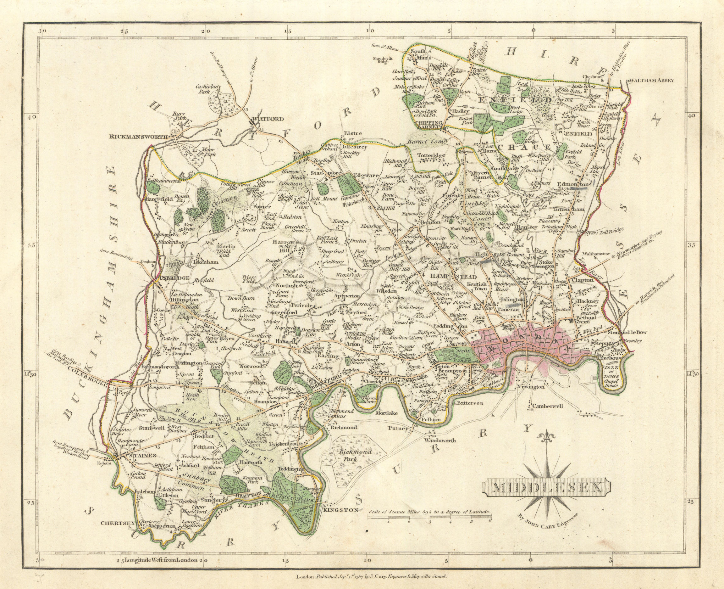 Antique county map of MIDDLESEX by JOHN CARY. Original outline colour 1793