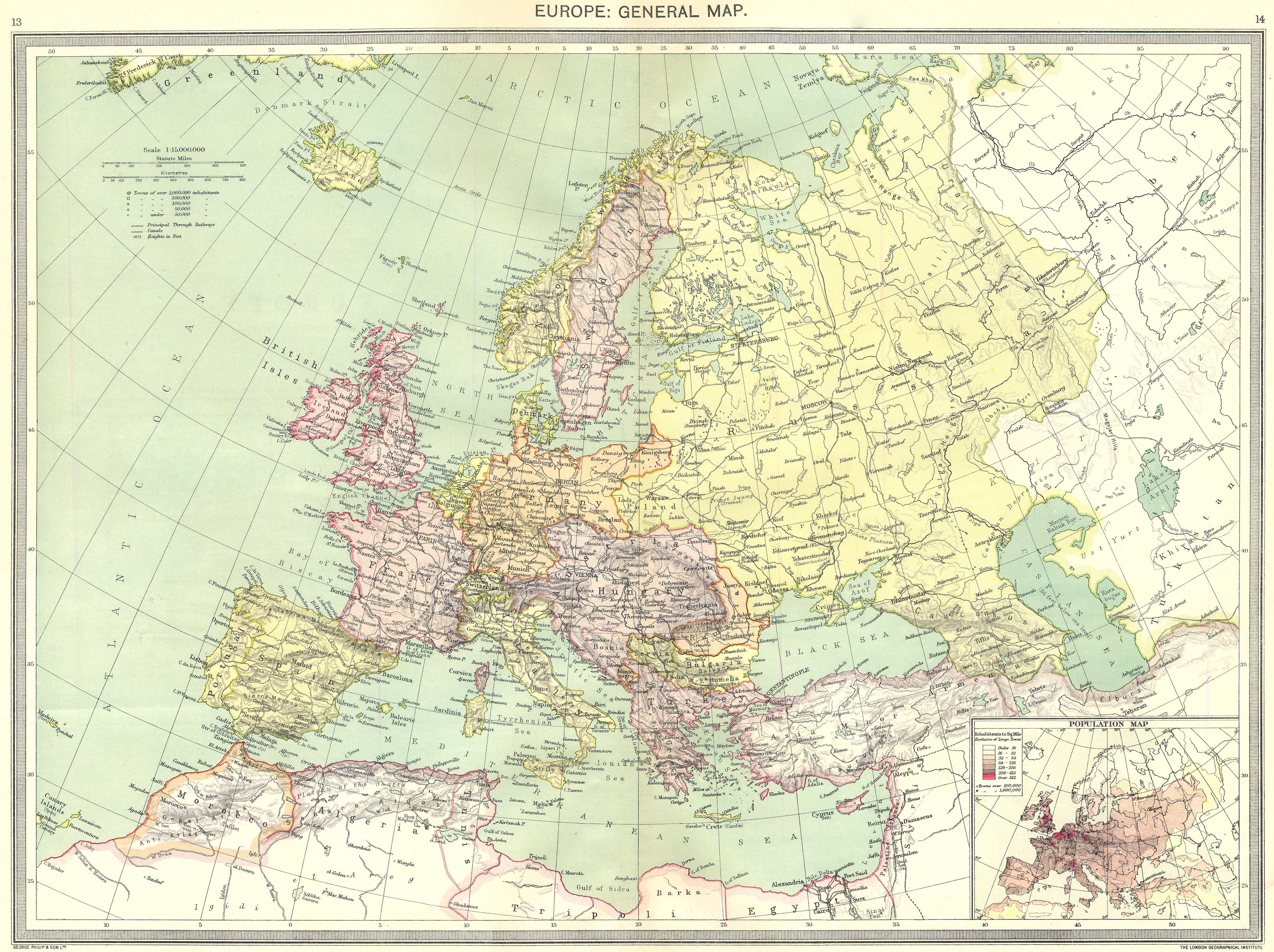 Associate Product EUROPE. European. General Map; Inset map of Population map 1907 old