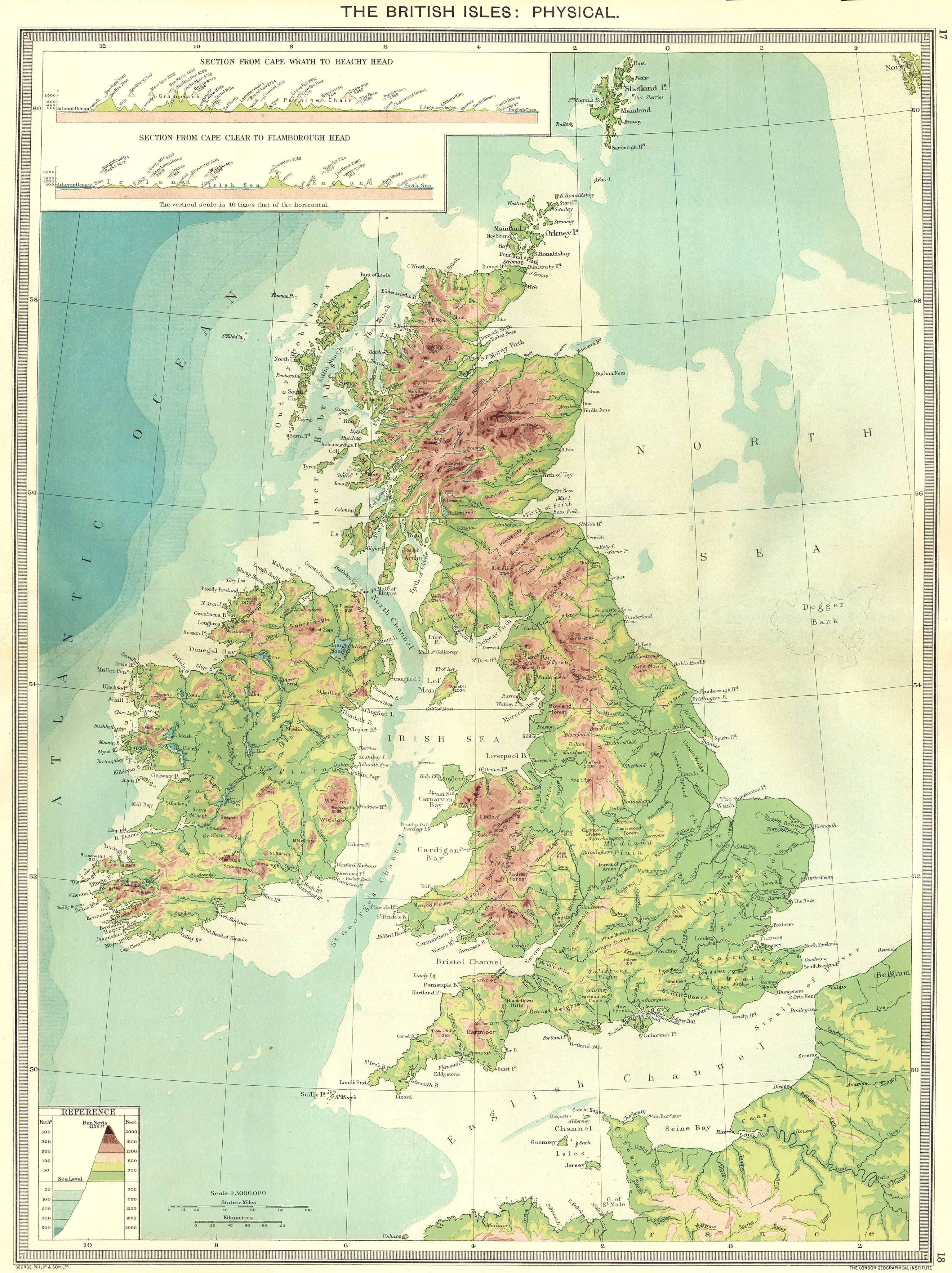 UK. The British Isles. Physical 1907 old antique vintage map plan