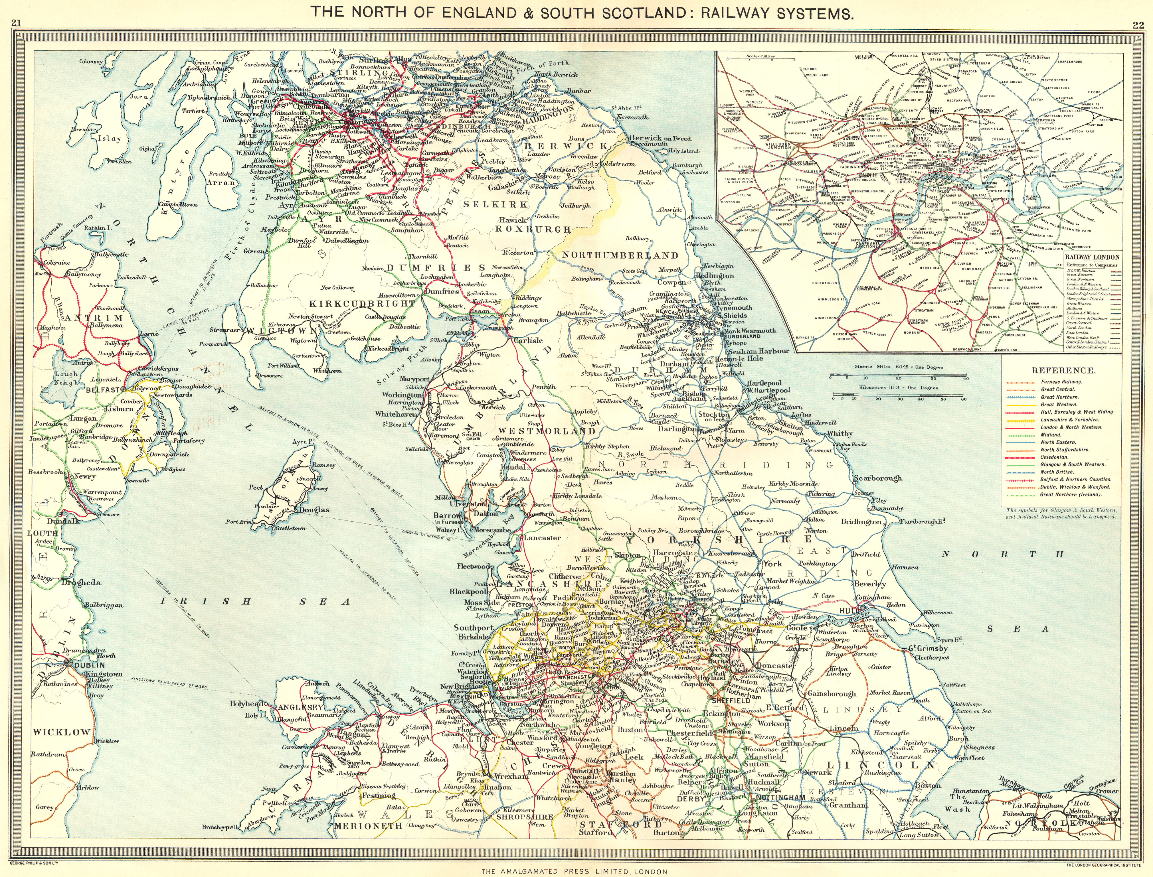 Associate Product UK. North of England & south Scotland. Railway Systems; map London 1907