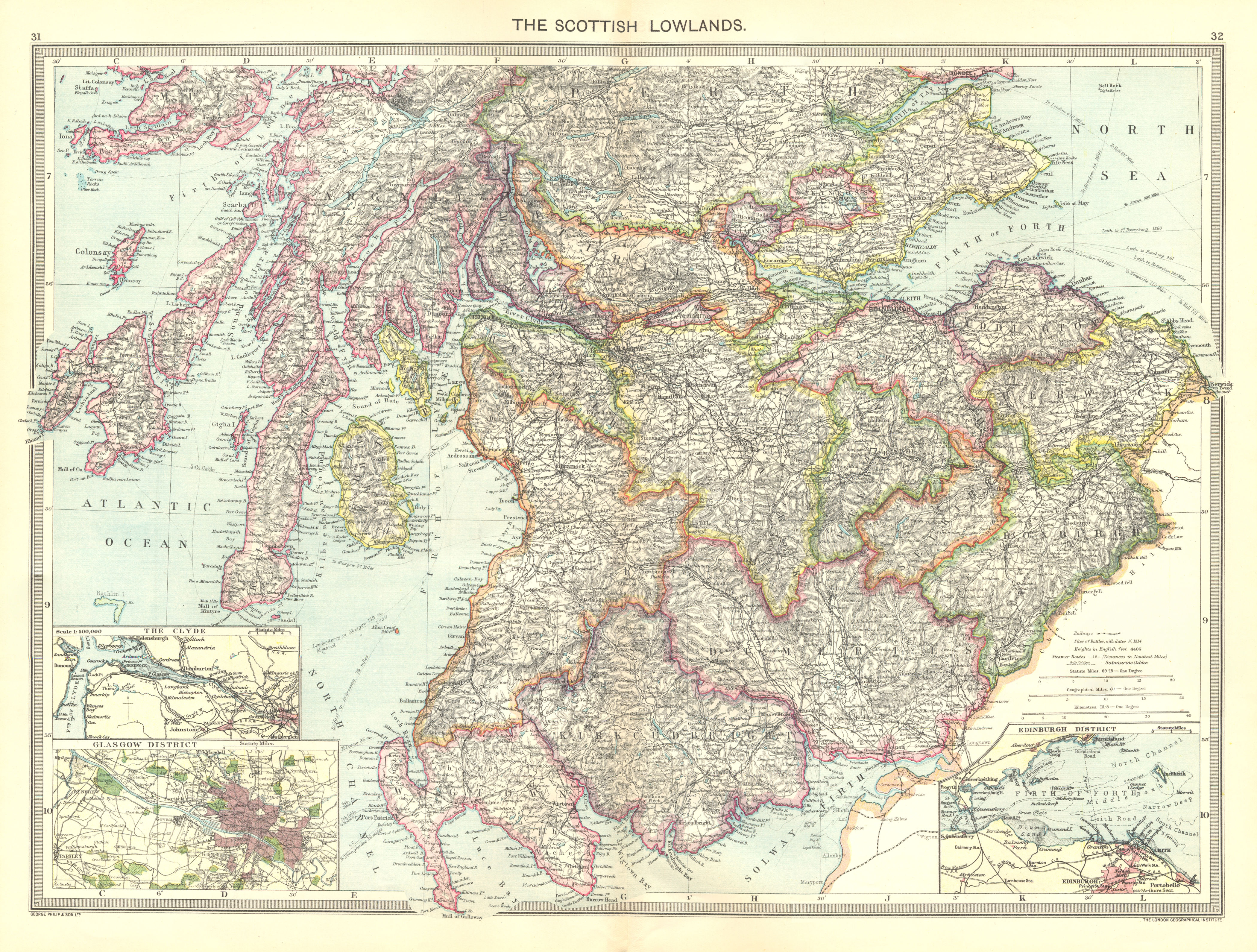 Associate Product SCOTLAND. Scottish Lowlands; maps of Clyde; Glasgow District; Edinburgh 1907