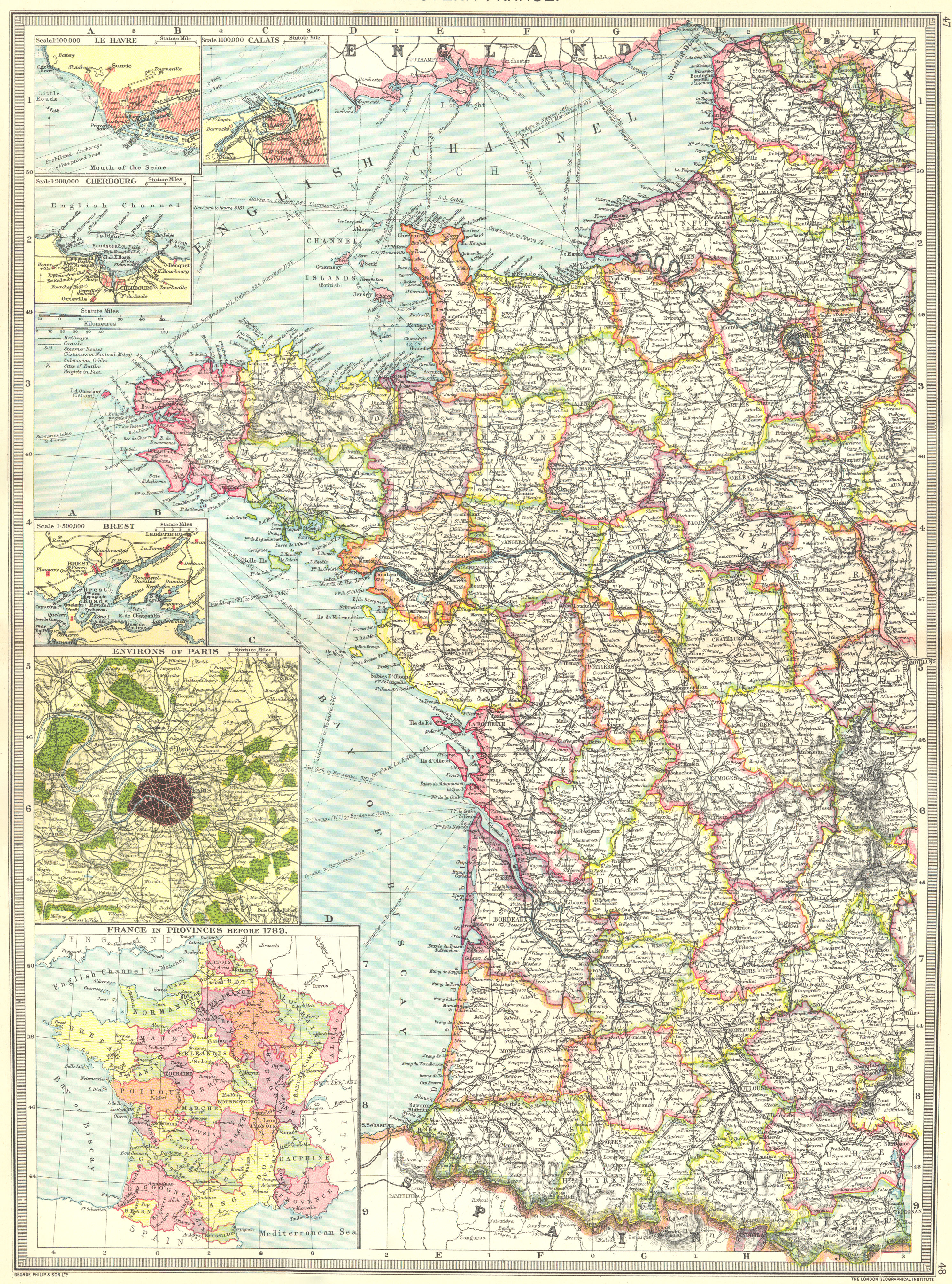 Associate Product WEST FRANCE. Le Havre Calais Cherbourg Brest Paris provinces 1789 1907 old map